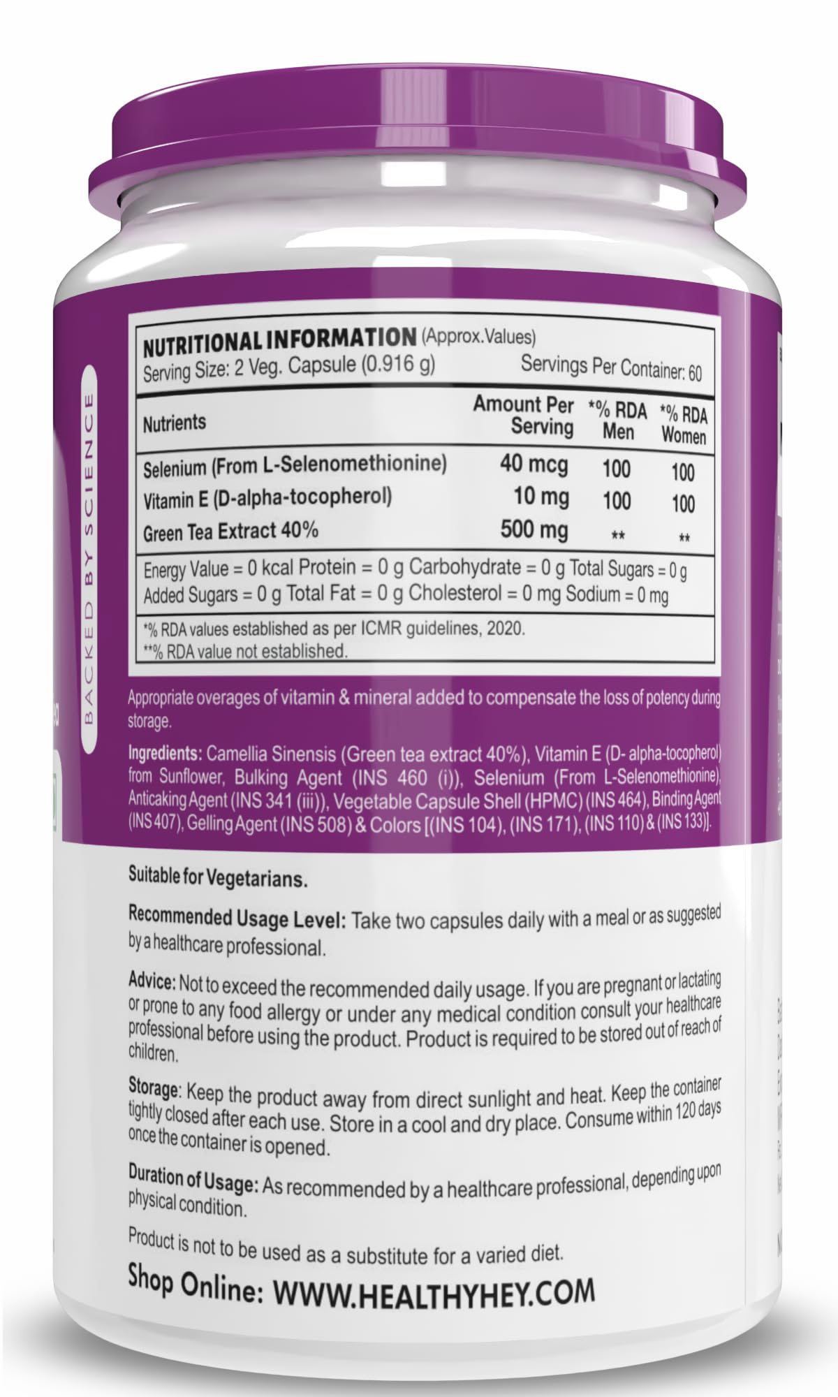 HealthyHey Nutrition Selenium & Natural Vitamin E + Green Tea, Supports Immune Health - 120 Veg Capsules 3