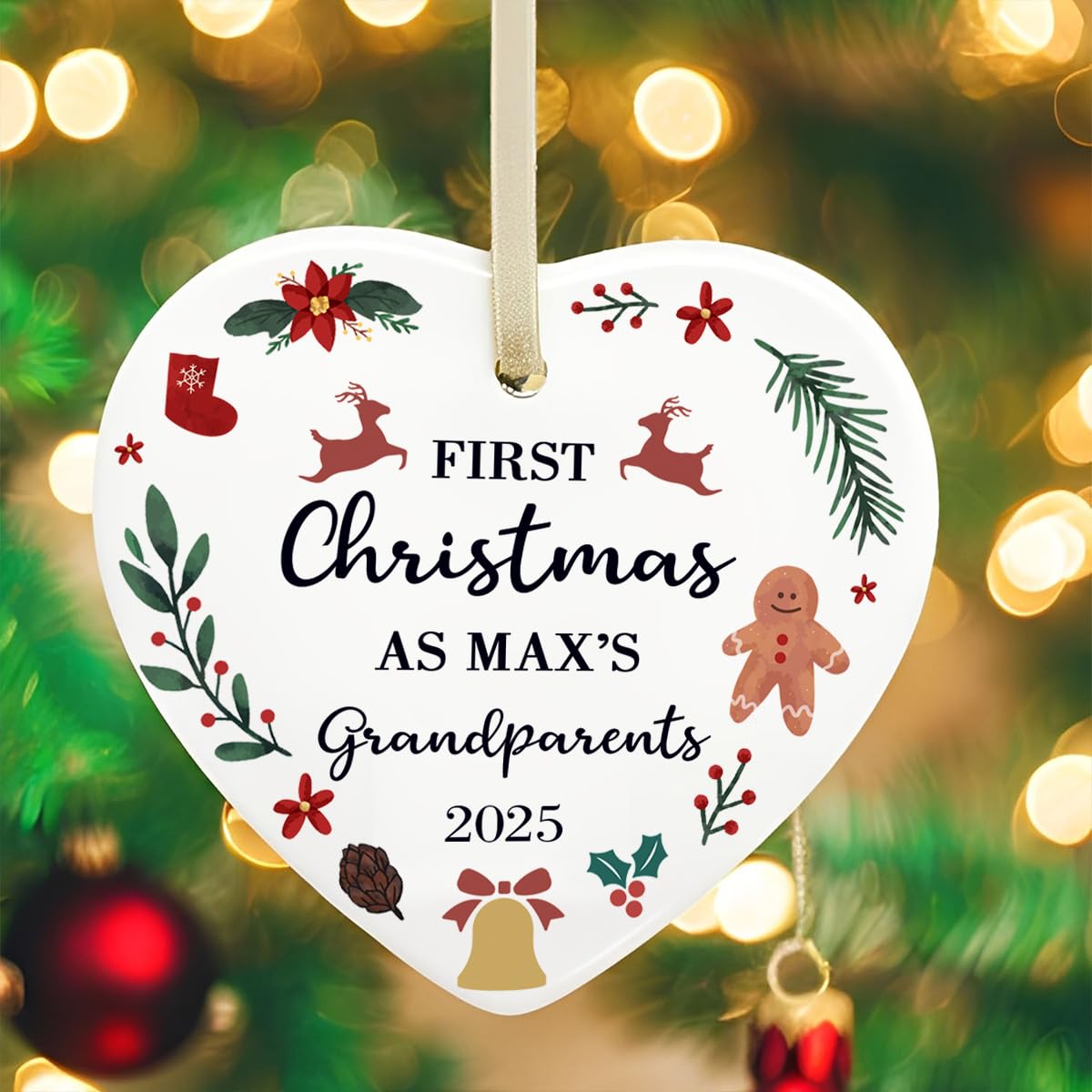Gutegifts White Personalised First Christmas As Grandparents Ornament | Heart-Shaped Ceramic Bauble | Christmas Keepsake Gift For Grandad Grandma Nanny From Grandchild
