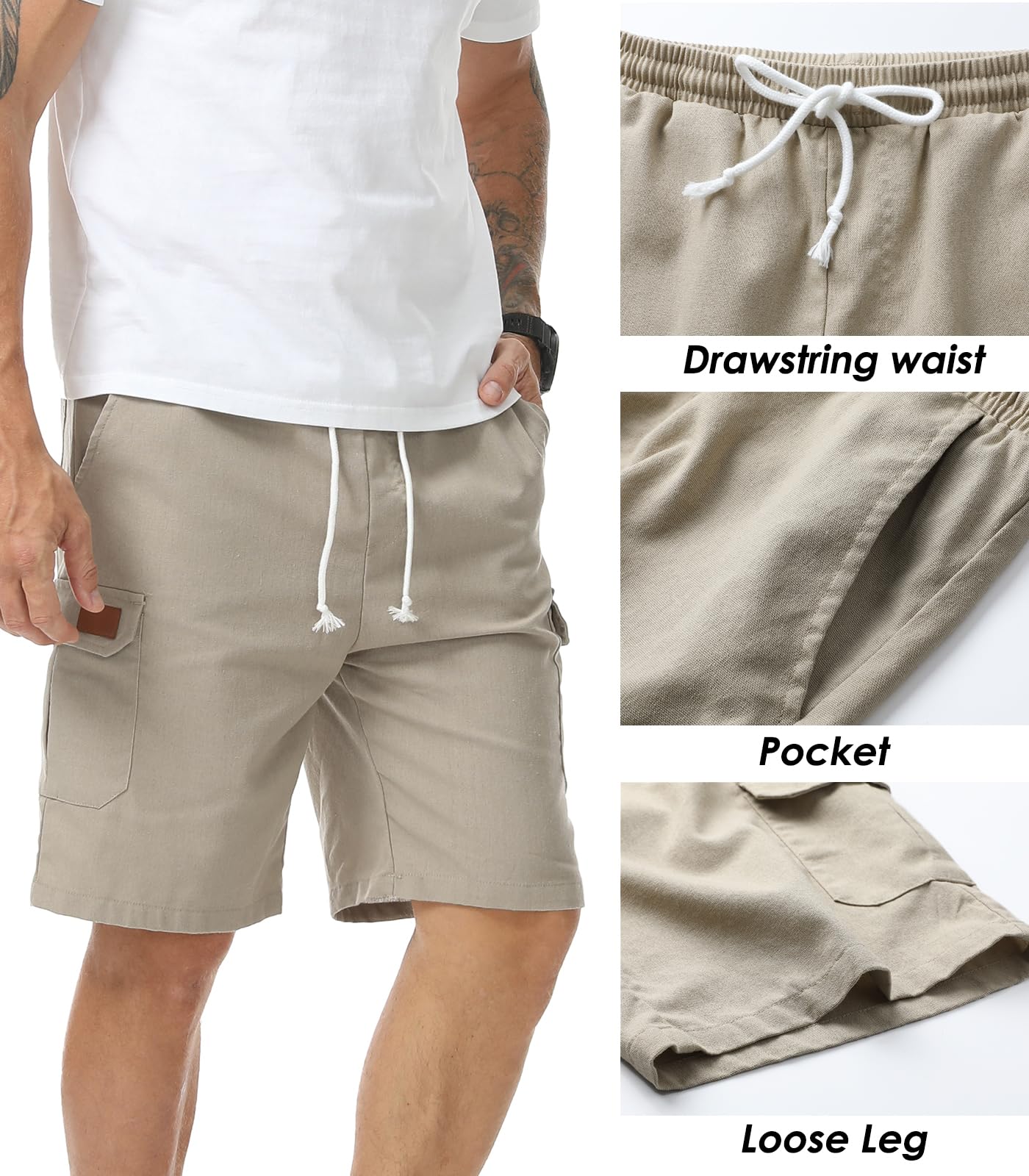 Pantaloncini Cargo Uomo in Lino Bermuda Shorts Estivi con Tasche Casual Pantaloni Corti Leggeri e Traspiranti con Elastico