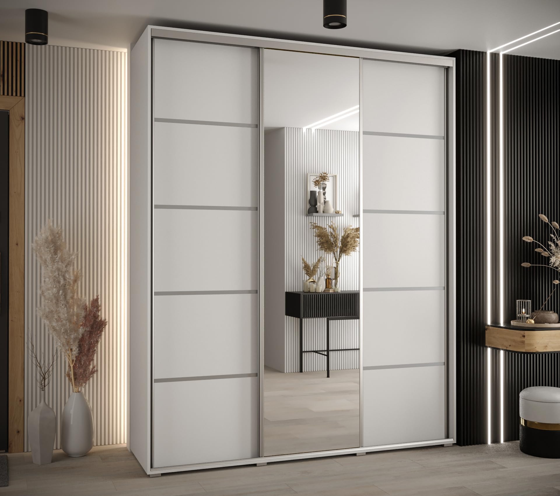ABIKSMEBLE Davos 5 190 Armario Correderas Tres para Dormitorio - Armario Moderno con Espejo, Barra y Estantes - 235,2x190x45 cmBlanco Blanco Plateado