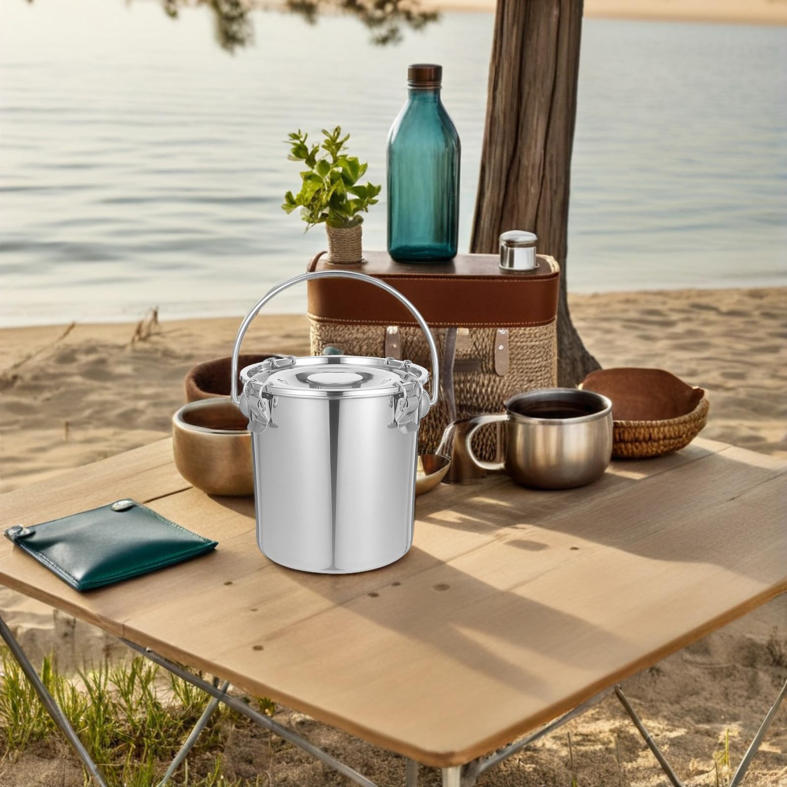 Cabilock Cubo de Acero Inoxidable de 7l con Tapa Sellada y Asa Resistente para Almacenamiento y Transporte en Camping y Escuelas, Fácil de Limpiar y Fuerte Sellado
