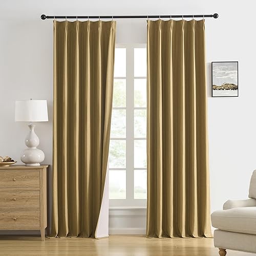 Miniatura 41 de DUALIFE Cortinas opacas plisadas dorado tostado de 138 pulgadas de largo, pestaña trasera con ganchos, cortina de riel de lino con aislamiento