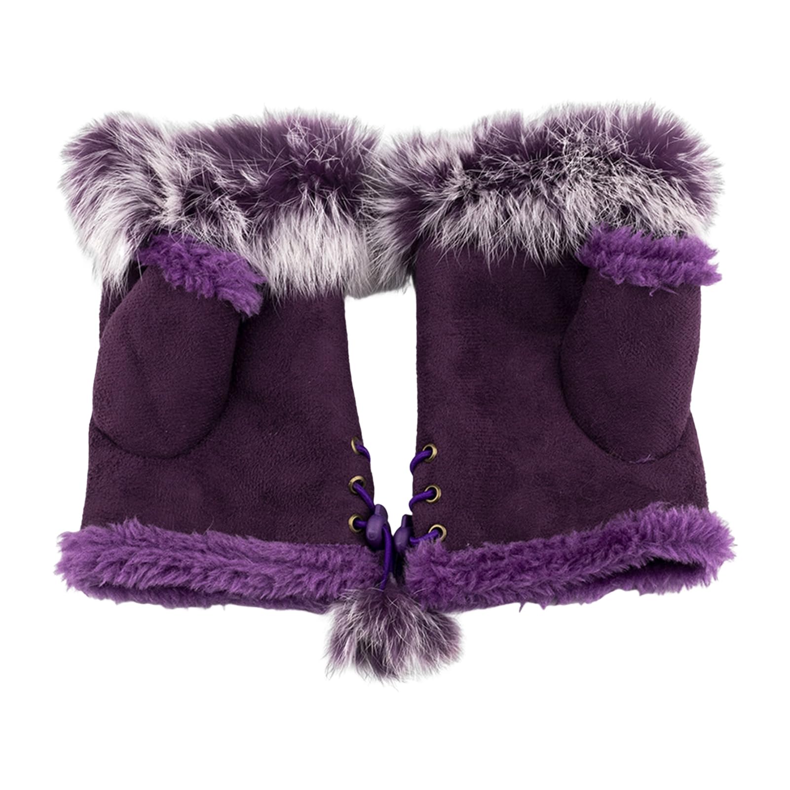 pofluany 1 Pair Women Winter Mittens Adjustable Drawstring Thick Plush Faux Fur Windproof Anti-slip Student Writing Gloves Keep Warm Fingerless Typing Mittens Purple