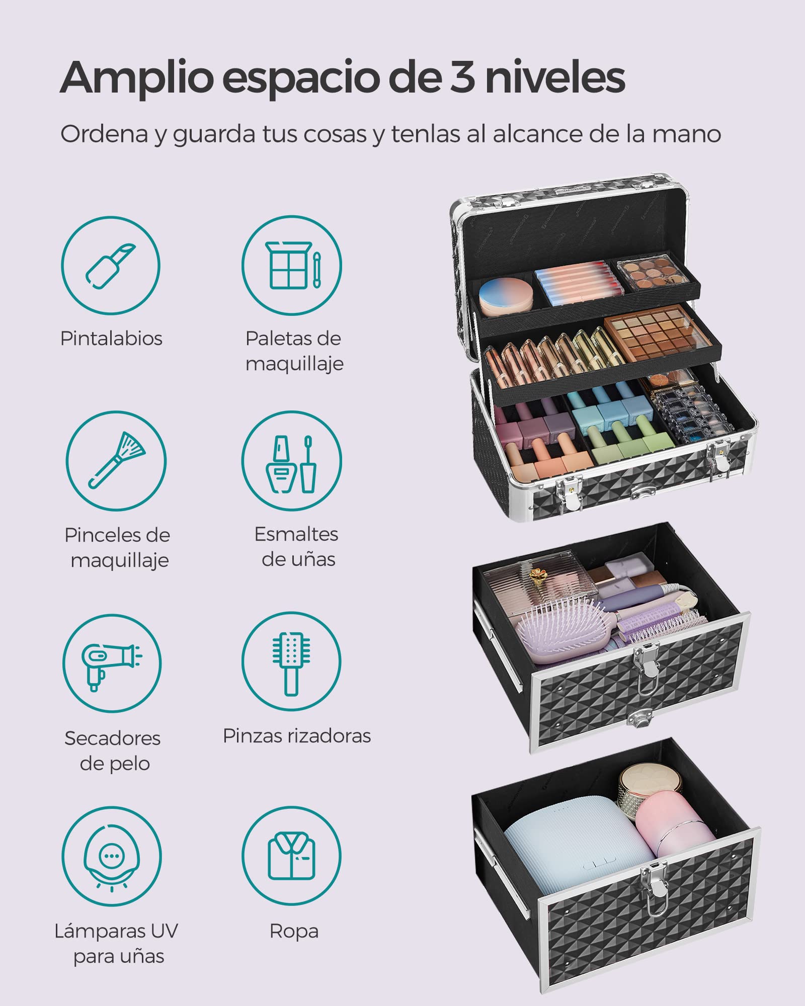 SONGMICS Maleta de Maquillaje Profesional, Maletín para Cosméticos, Maletín de Peluquería, con 2 Cajones, Grande, Ruedas 360°, para Viaje, Regalo Ideal