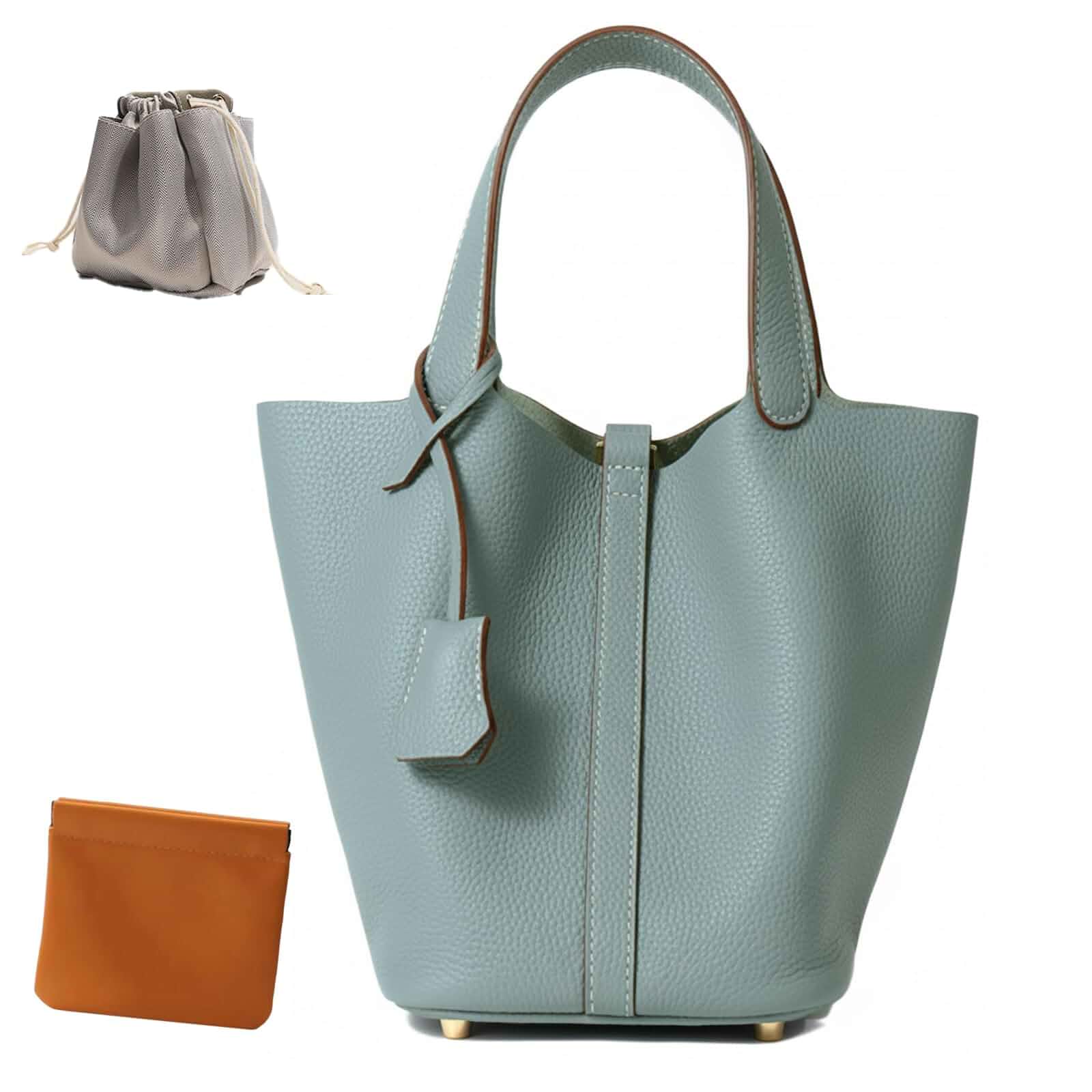 Genuine Leather Bucket Bag, Top-Handle Satchel Handbag with Lock Premium Cowhide Leather, Lightweight & Durable, Compact Everyday Purse with Detachable Pouch for Work, Travel & Daily Use