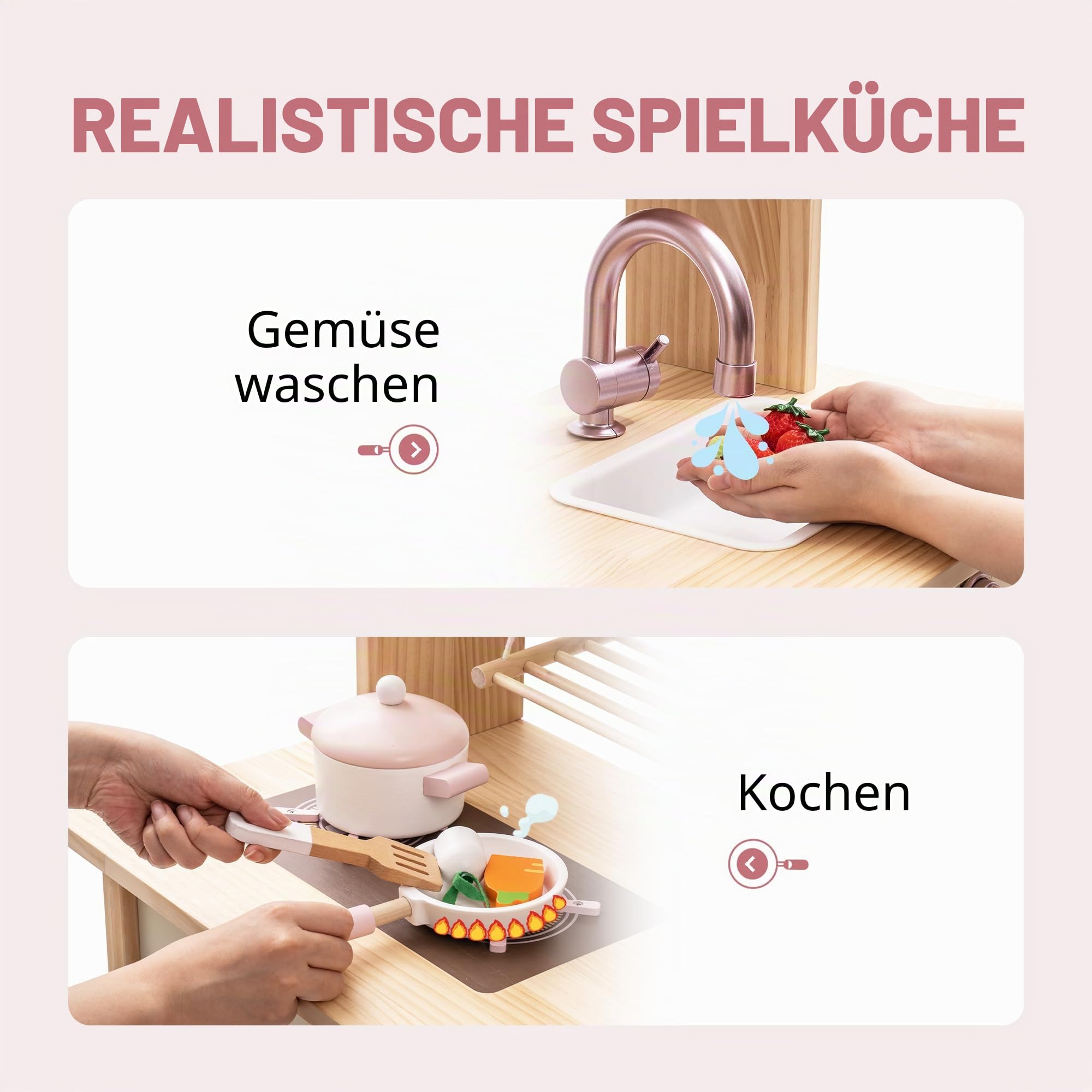 ROBUD Spielküche für Kinder Kleinkinder, Spielküche aus Holz mit realistischem Zubehör, Spielzeugküche Set mit vielen Spielfunktionen, moderner Stil Spielzeugküche für Mädchen & Jungen, Geschenk ab 3