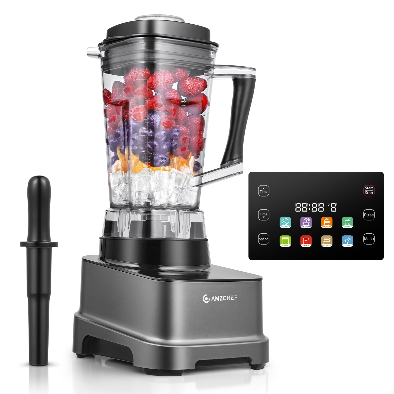 AMZCHEF 8-IN-1 Professional Blenders, 2000 Watts Commercial Blender for Kitchen with Timer, Innovative LED Panel, 8 Functions for Smoothies, Shakes & More, 8 Speeds & Pulse, 68 oz. Pitcher, Grey