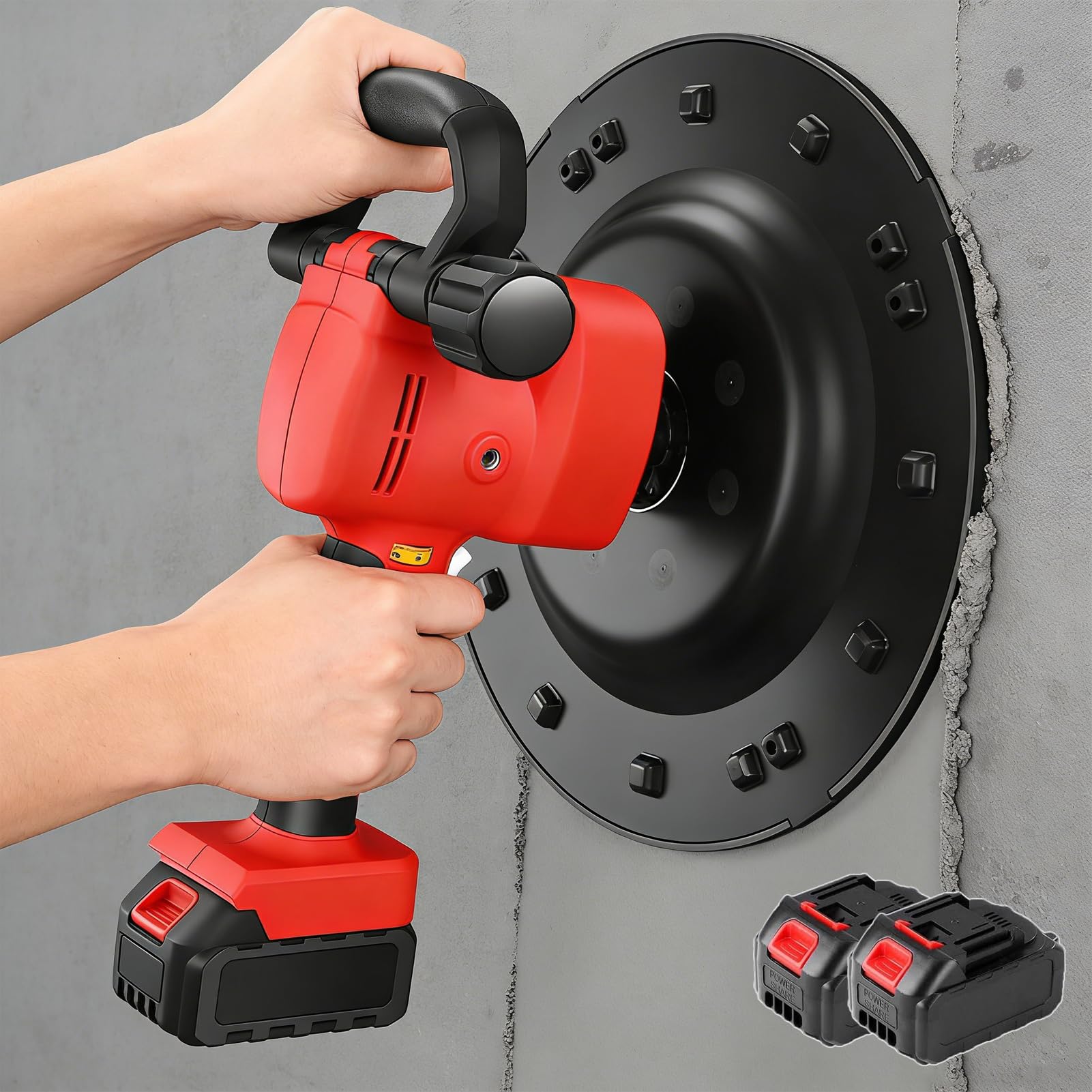 Levigatrice elettrica per Cemento - Lucidatrice per pareti Senza Fili con 6 velocità, Potenza 1680W, velocità 40-300 Giri/min per superfici in Cemento e Malta, 2 batterie al Litio