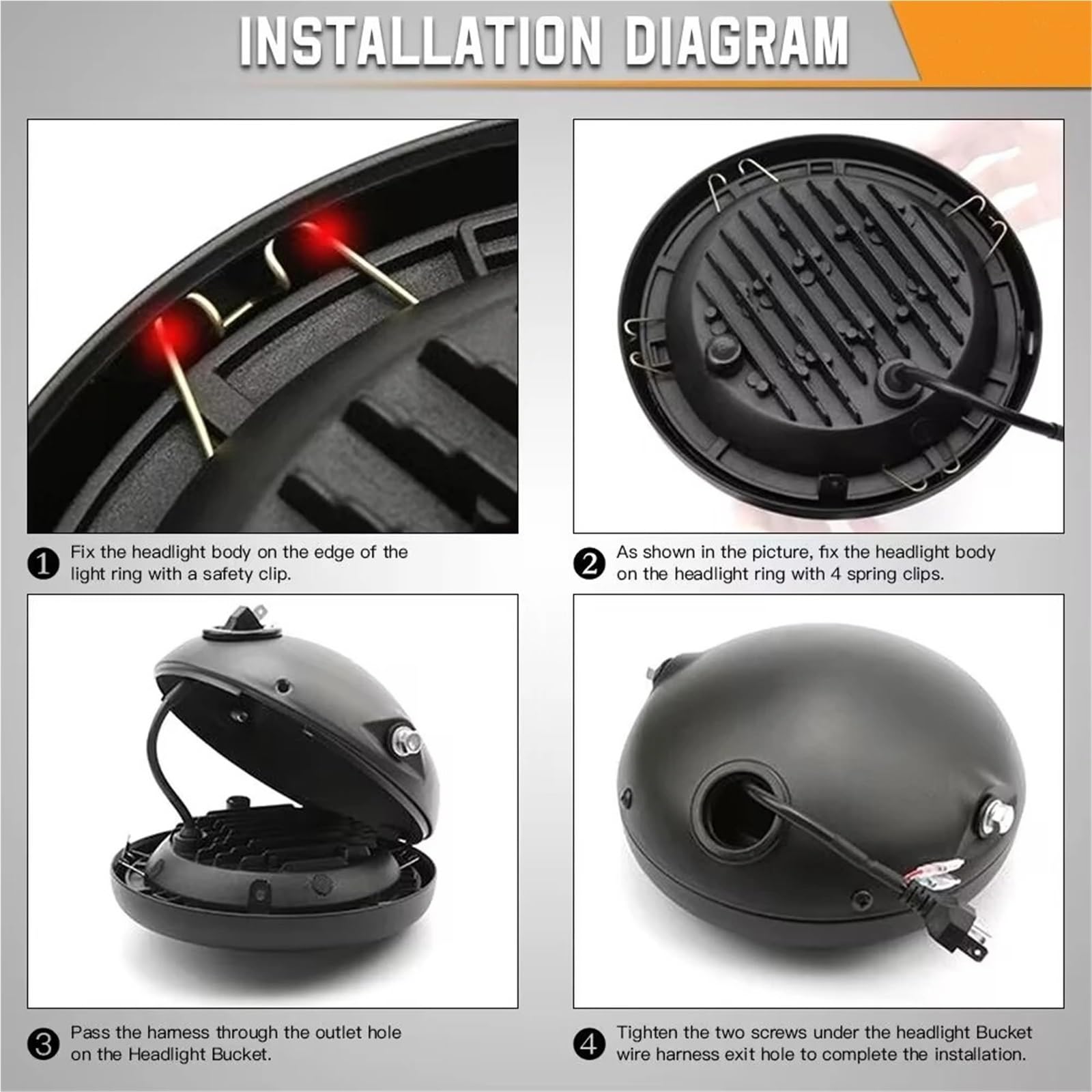 Moto Fari Stradali Spot Light Beam Per Supporto Faro 7 Pollici, Parti Per Motocicletta Cafe Racer,5, LED Rotondo Nero, Lampada Hi/Lo