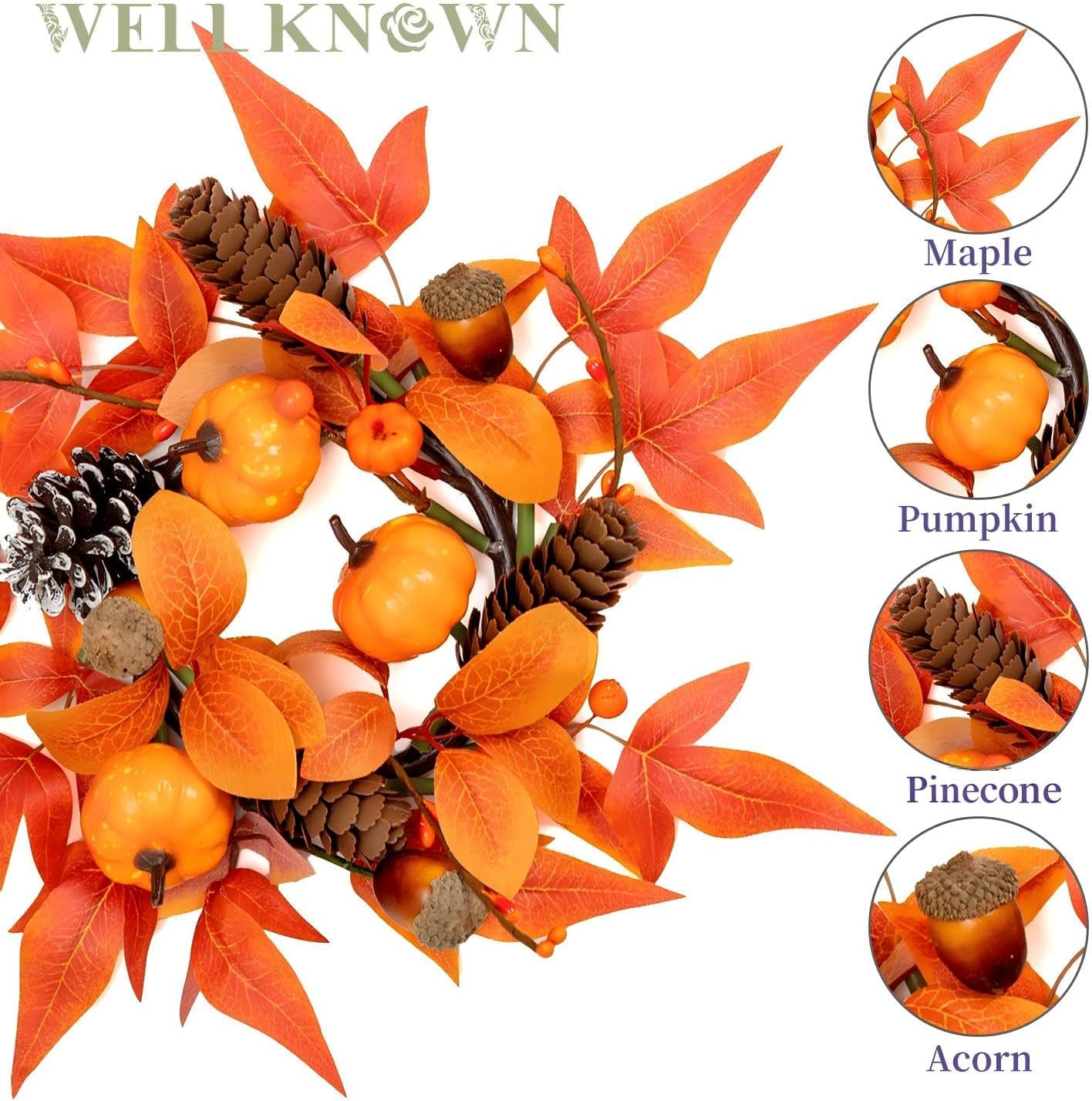 WELL KNOWN 2 Pcs Mini Fall Orange Pumpkin & Maple Candle Rings Wreath for Pillars Home Table Window Hanging Decor, 9" Artificial Flower Cabinet Wreath for Kitchen Farmhouse Wedding Party & Gift