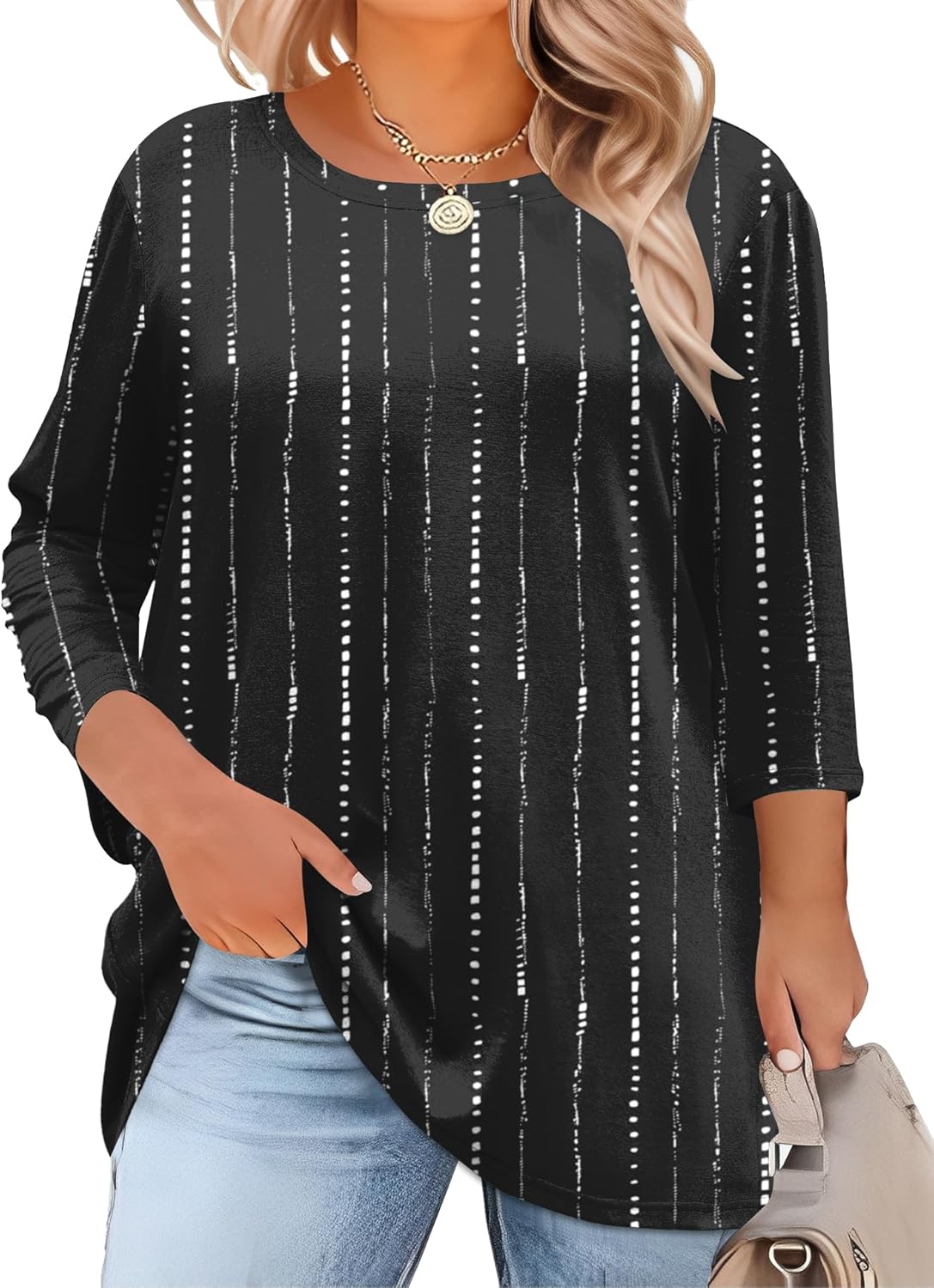 LOMON Womens Plus Size Tops 3/4 Length Sleeve Blouses Crew Neck Business Casual Tunic Tops with Asymmetrical Hem 1X-5X