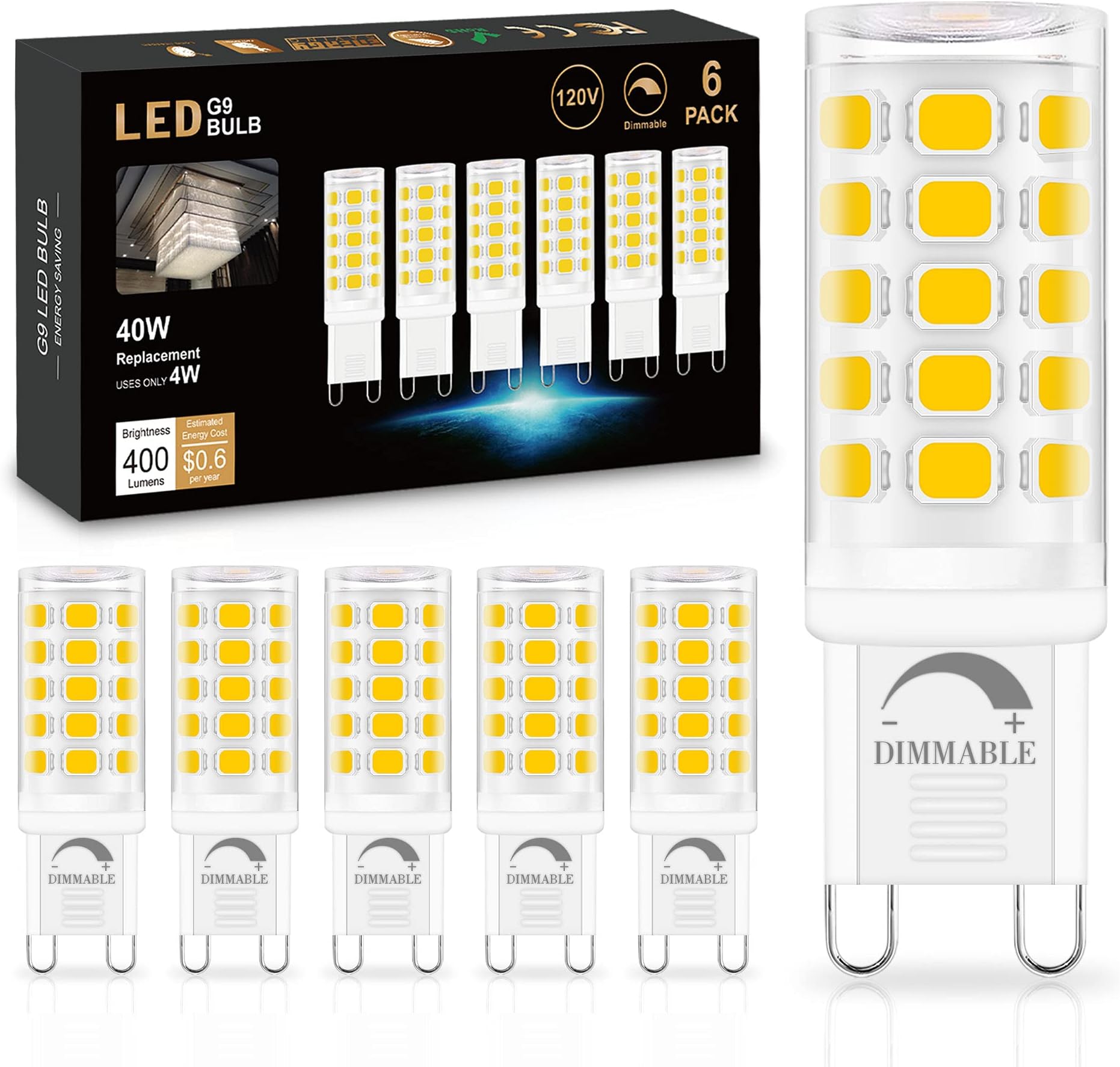 G9 LED Bulb Dimmable 4000K Natural Daylight 6 Pack, T4 G9 4W Replacement for 40 Watts Halogen, Ceramic Bi Pin Base, 120V 400 Lumen 360°Beam Angle, G9 Light Bulbs for Chandelier