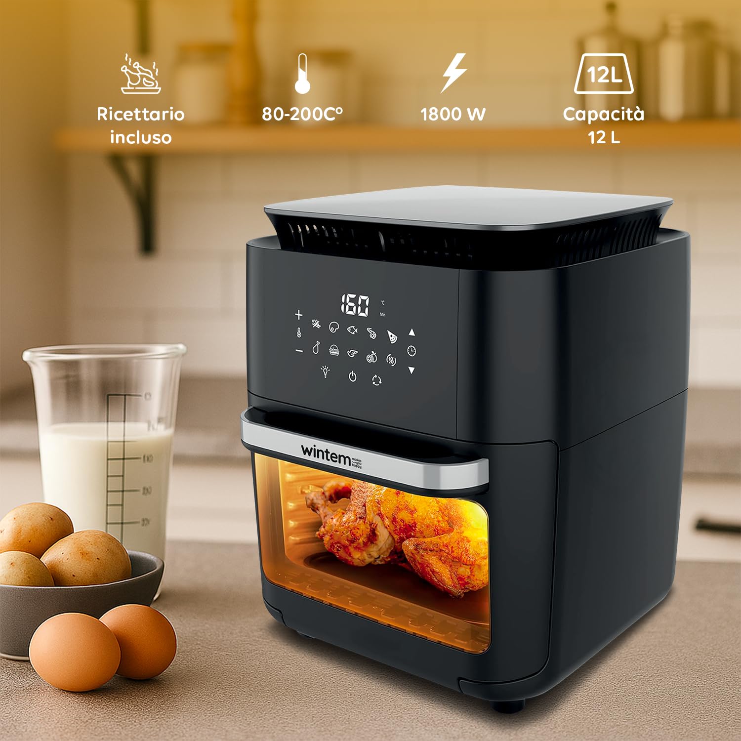 Avilia - TurboFry Friggitrice ad Aria XXL 12L con Display Touch, 12 Programmi, Accessori Inclusi e Ricettario per Cottura Senza Olio, Ideale per Grigliare, Arrostire e Cuocere in Modo Sano