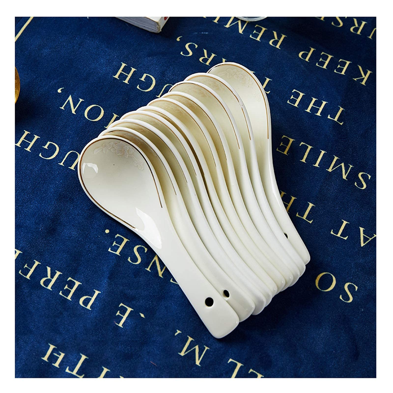 Zestaw łyżek obiadowych, 10 sztuk, małe ceramiczne łyżki do zupy, prosta łyżka z porcelany kostnej, miska i spodek, zestaw naczyń Jingdezhen, łyżka obiadowa/garnek do zupy (kolor: D) (C)