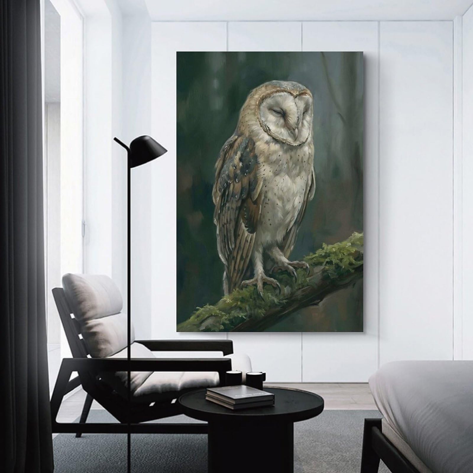 Junmoney Unframe-Style-16 Barn Owl Perched On Mossy Branch Hanging Wall Art, 20X30inch(50X75cm), For Bedroom Decor, Cosy Corners Or Studios, An Easy Wall Refresh For Bedrooms