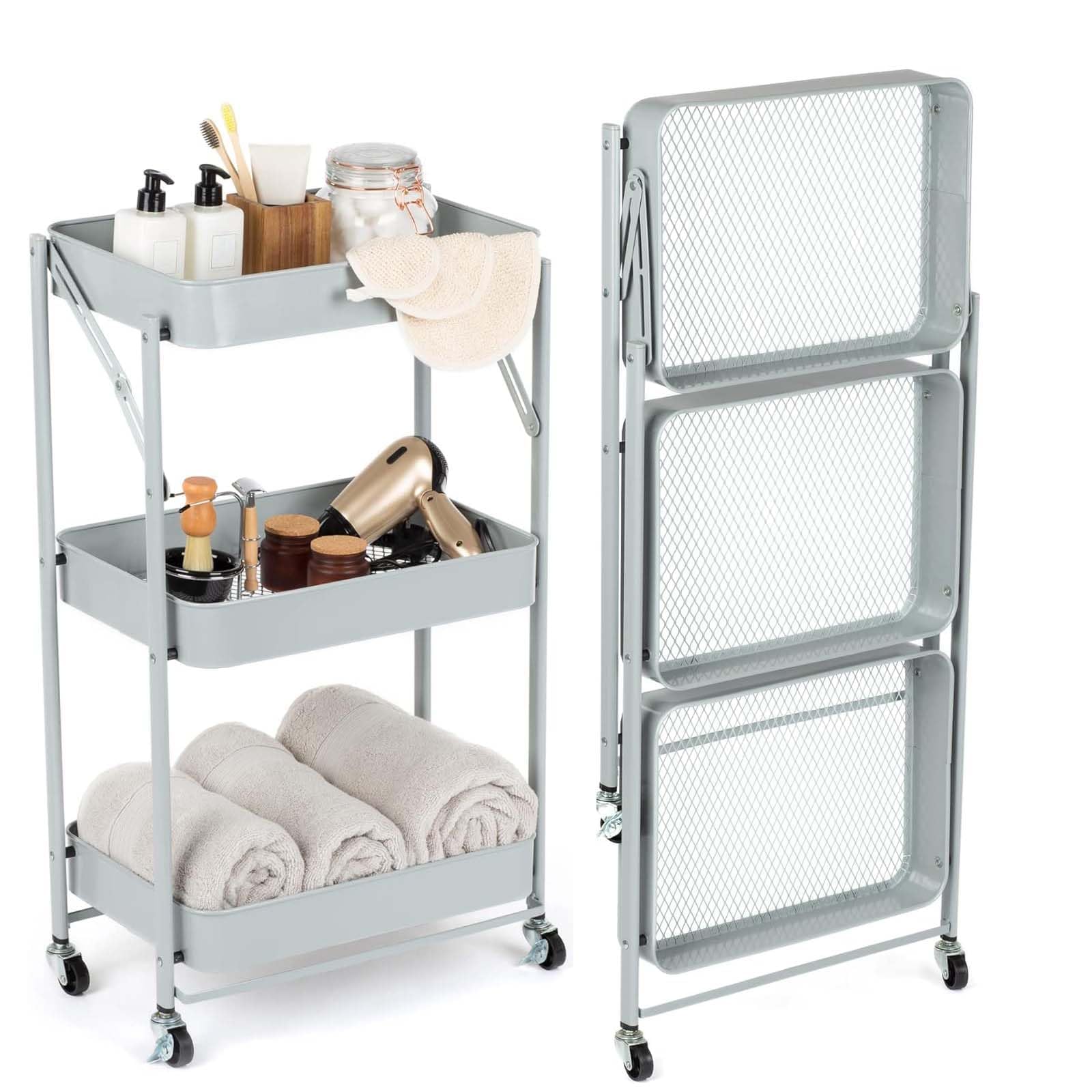 NTEK 3 Tier Foldable Storage Trolley | Foldable Rolling Cart with Locking Wheels | Grey