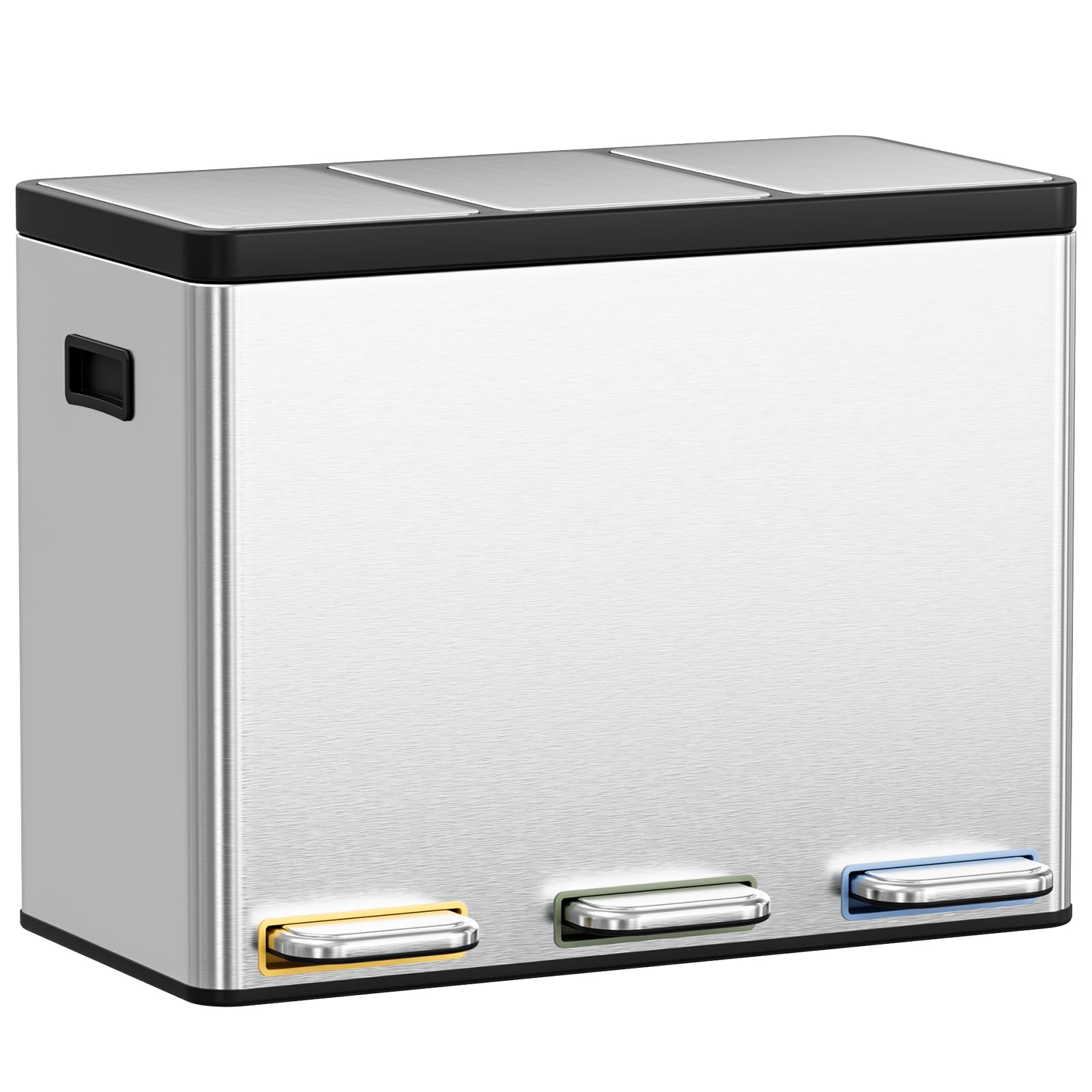 Clevich Mülleimer 3 Fächer,Mülltrennsystem 3x15L,Softclose,Edelstahlfarbe | Abfalleimer Küche Metall mit farbcodierten Pedalen Abnehmbarer Eimer, Treteimer 1-3 Personen, Mülltrenner Wohnzimmer Büro