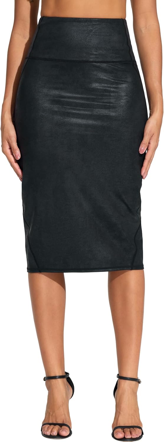 THE GYM PEOPLE Women's High Waist Tummy Control Pencil Skirts Stretchy Bodycon Midi Skirt Below Knee with Back Slit - Image 2