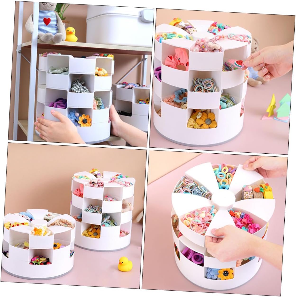 Creative Girls Hair Accessory Organizer Rotatable Desktop Jewelry Box for Boys and Girls White Multi-compartment Storage Case for Hairpins Ropes Items Durable Scratch-resistant
