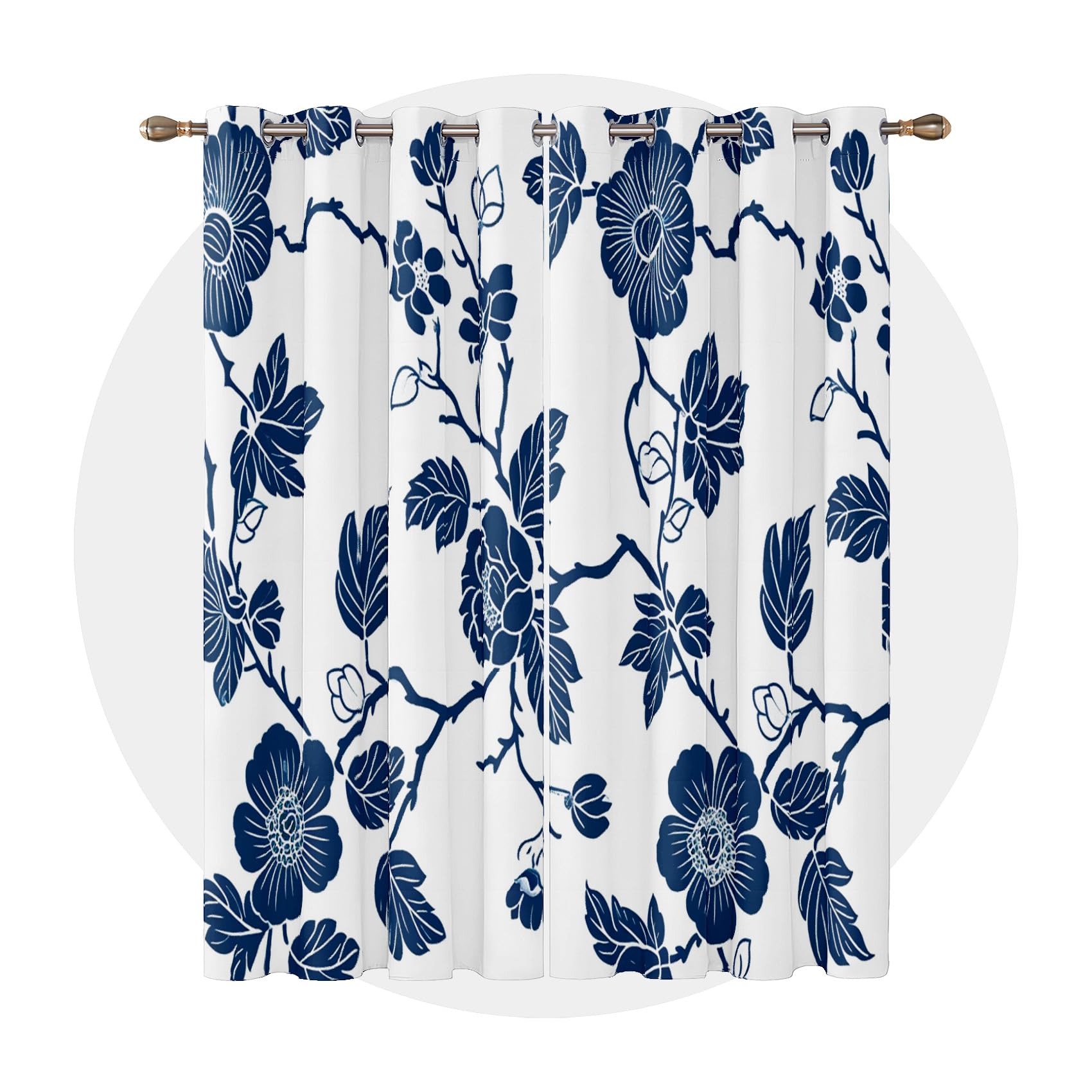 Blue and White Blackout Curtains Floral - Floral Curtains - Chinoiserie Blue Flower Blackout Curtains 46 x 54 Inch (Width x Drop) 2 Panels, Japanese Botanical Eyelet Curtains & Drapes