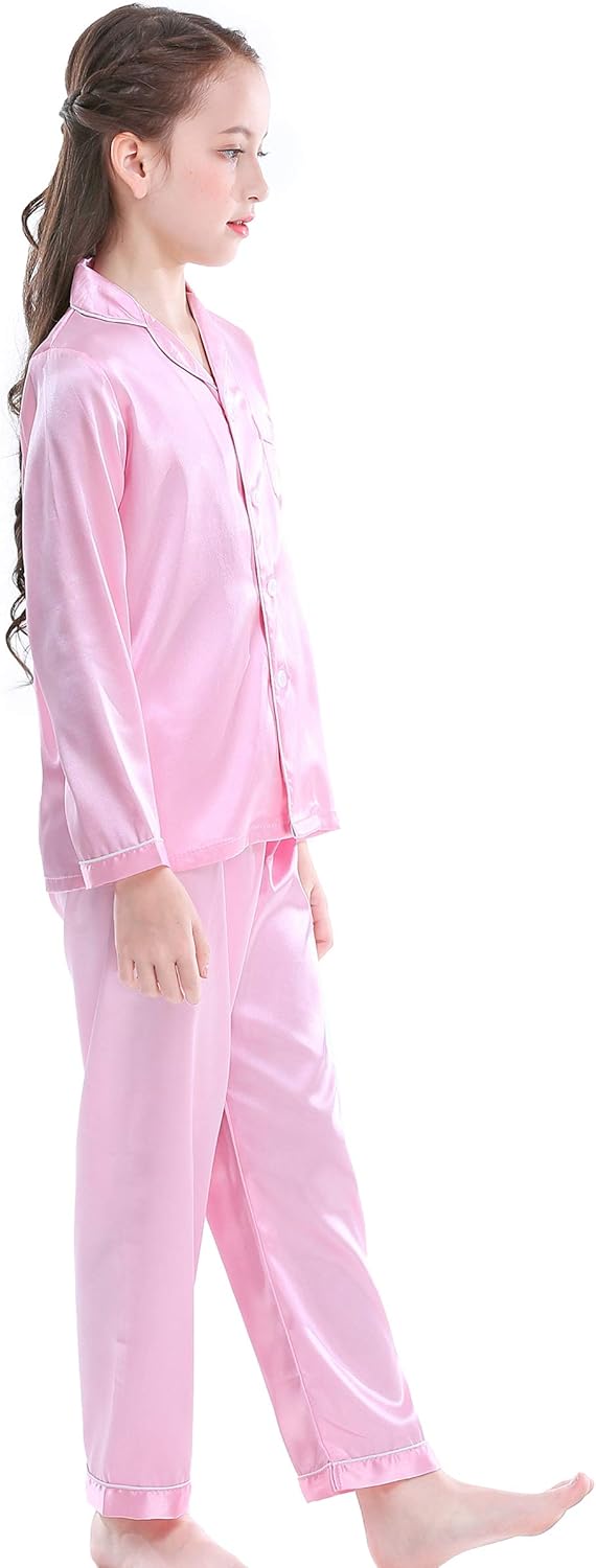 Girls Boys Satin Long Sleeve Button-Down Pajamas Set Sleepwear Loungewear - Image 5