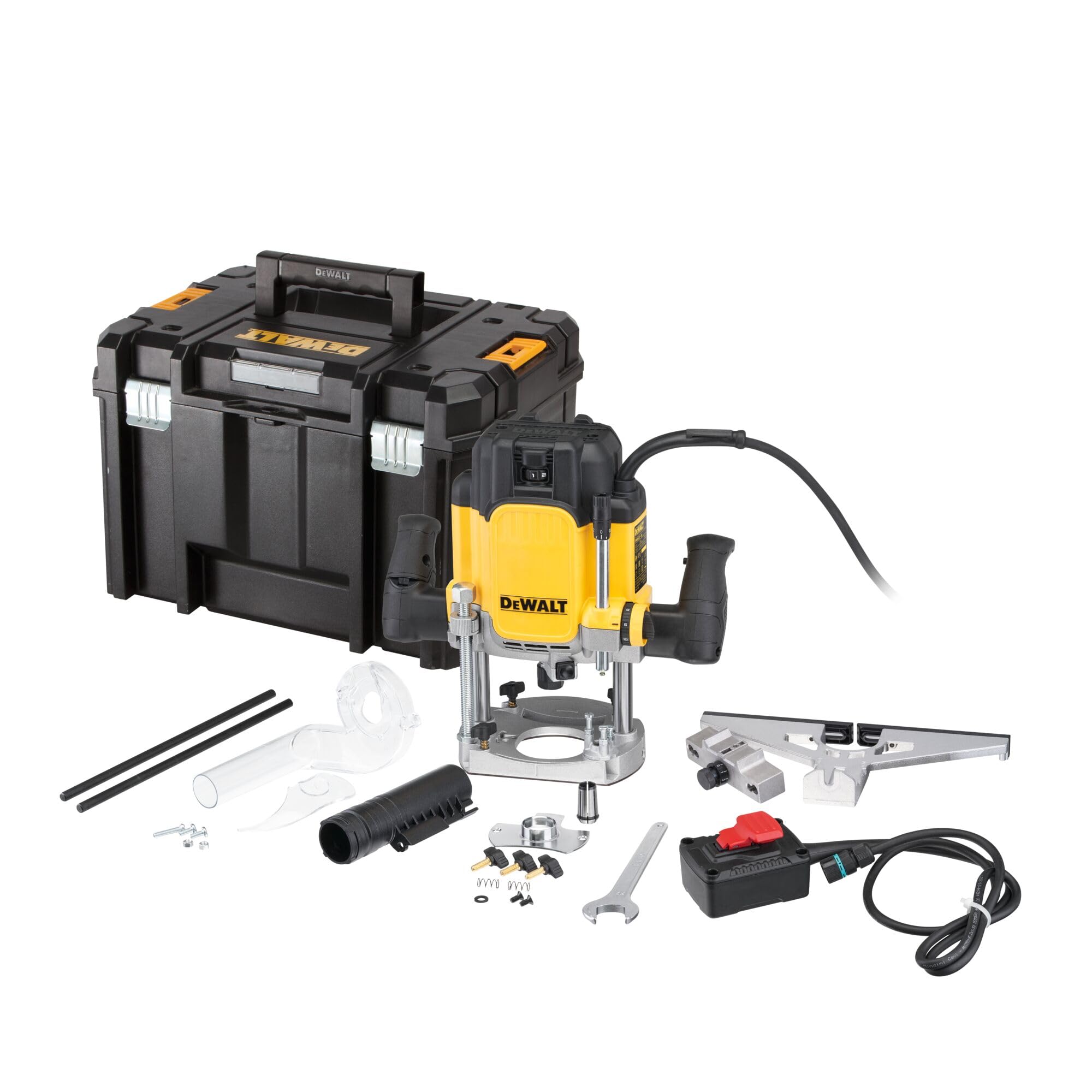 DEWALT DWE627KT-QS - Fresadora 2.300W, Recorrido de corte de 80 mm, Arranque suave y guía paralela, Incluye accesorios, adaptador de aspiración y caja T STAK VI