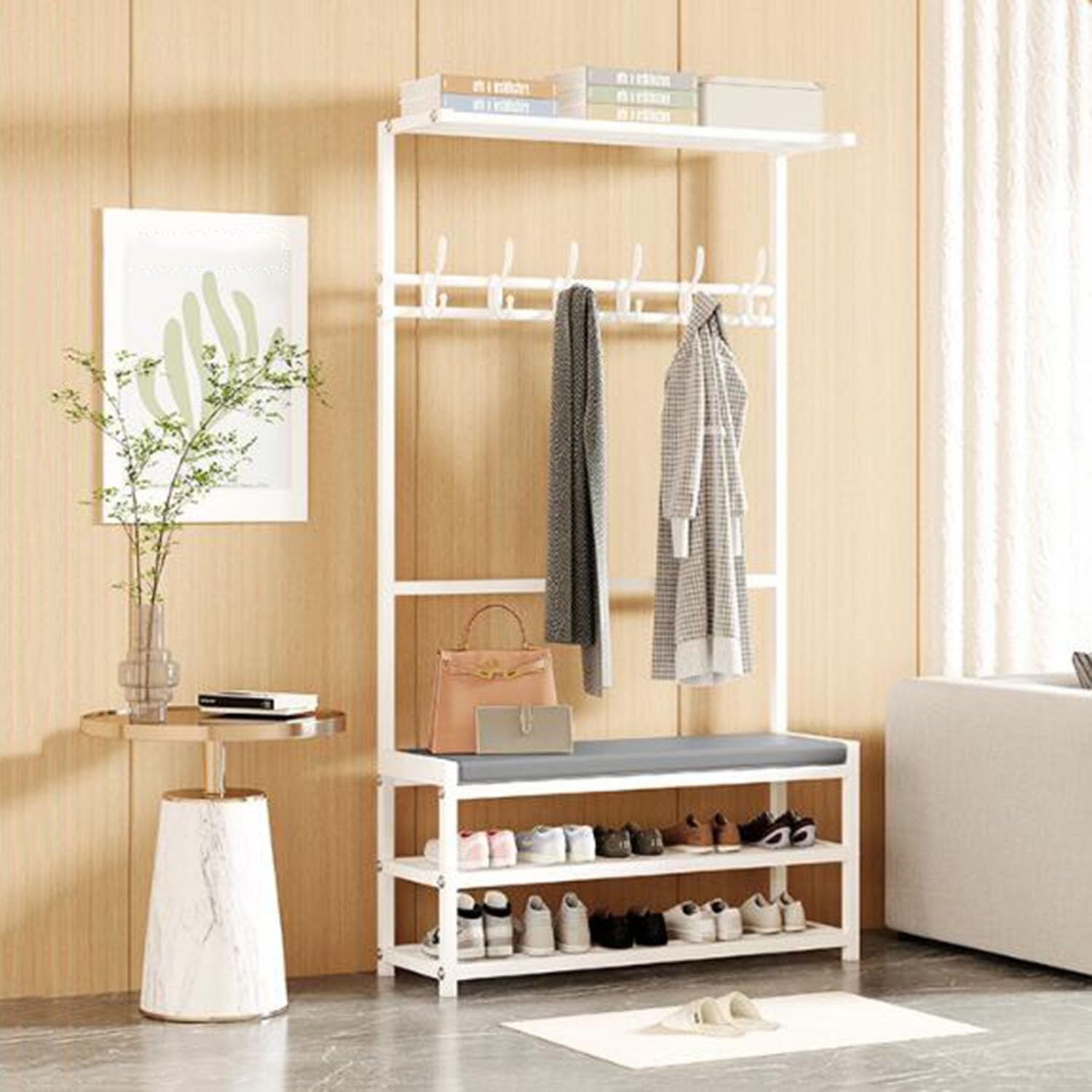 GHFXSCV Industrial Hall Tree with Removable Hoo, 2-Tier Shoe Rack & Bench, Freestanding Coat Rack for Entryway, Living Room, Hallway nizat, Sto Solut