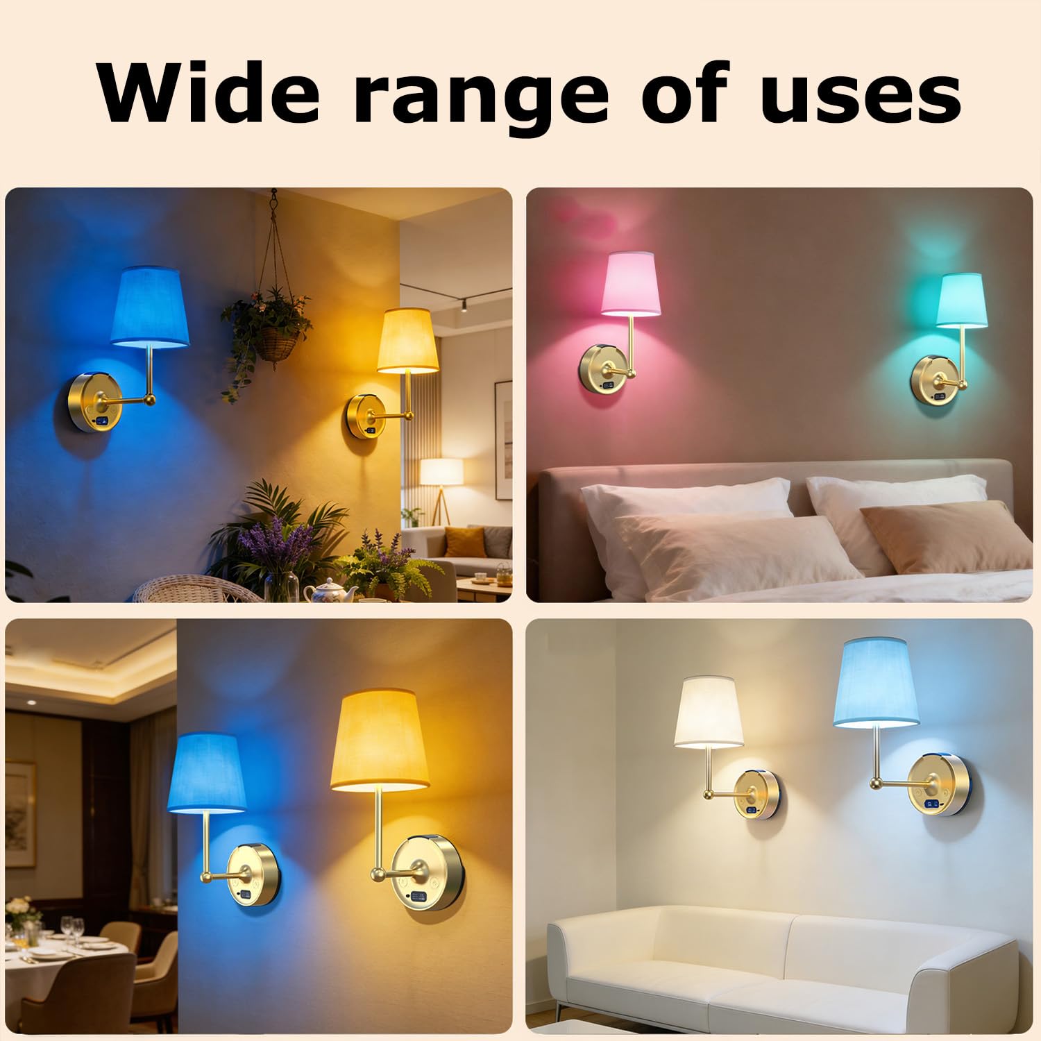 EaEa Aplique de Pared LED Inalámbrica Interior con Mando a Distancia, Lámpara de Pared RGB Recargable USB con Batería Extraíble de 4000 Mah, 15 Colores, Lámpara de Cabecero Regulable Sin Cable,1pack