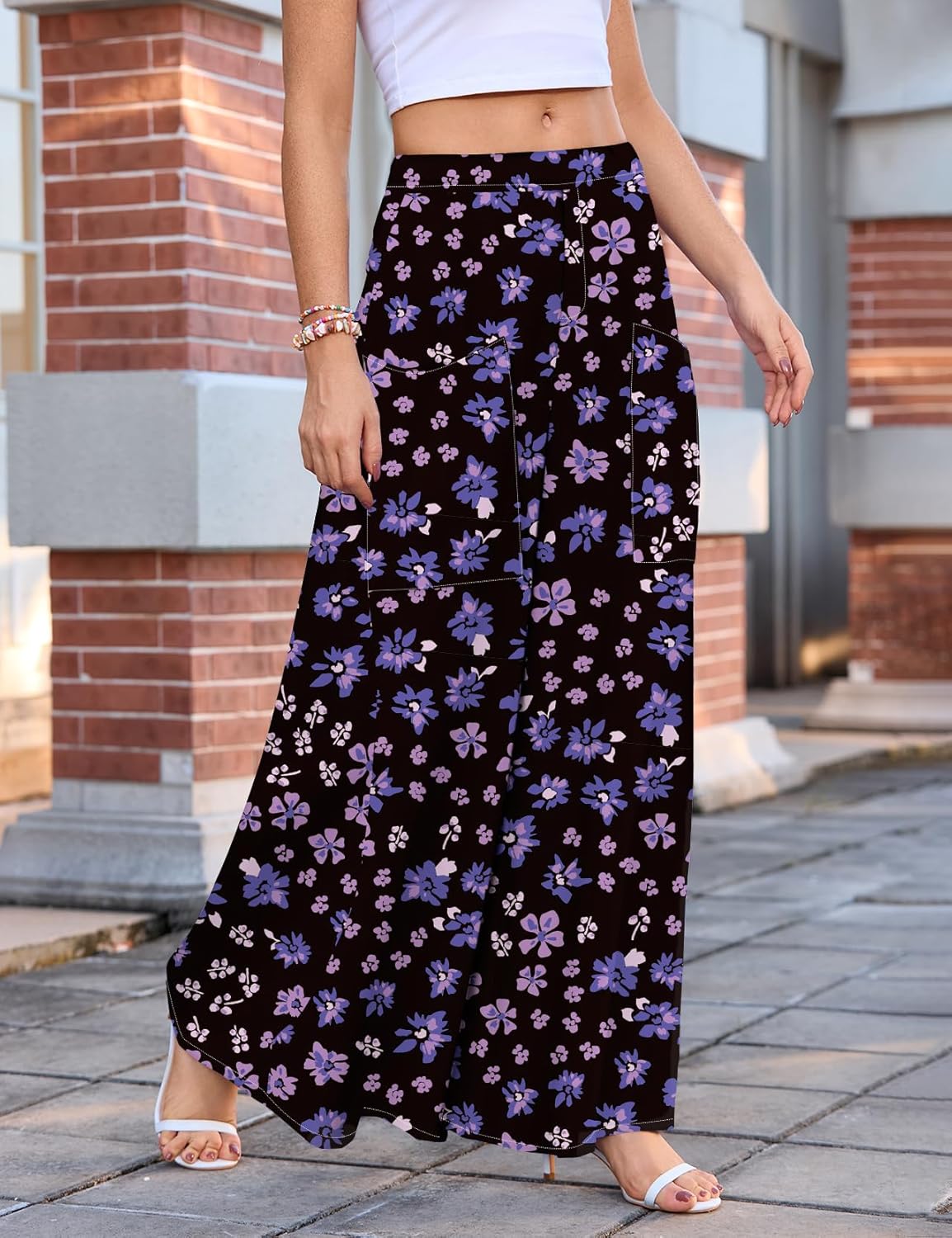 WeciBor Women's Boho Floral Palazzo Wide Leg Pants with Pockets Loose Flowy Casual Beach Vacation Outfits - Image 6