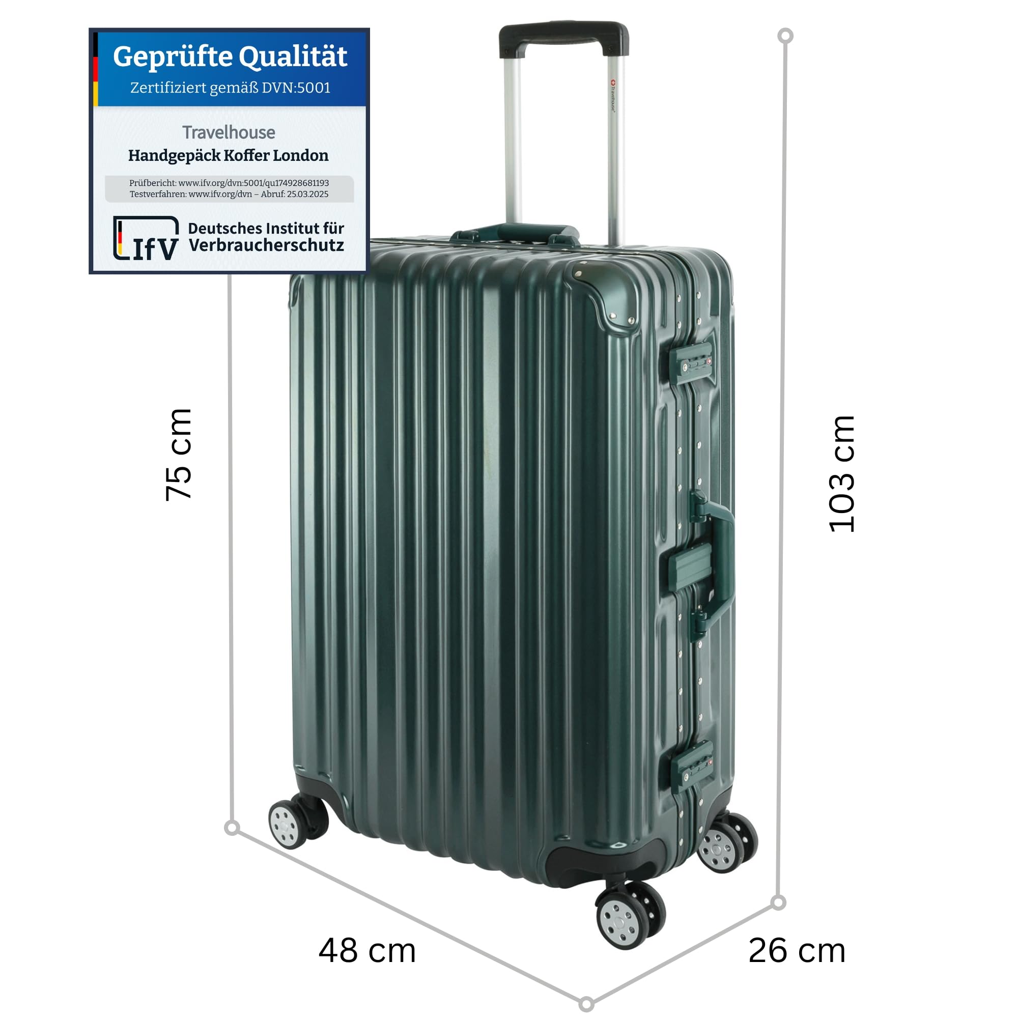 Travelhouse London, valigetta rigida in alluminio, con telaio in alluminio, diverse misure e colori, T1169, verde, Großer Koffer, Valigia
