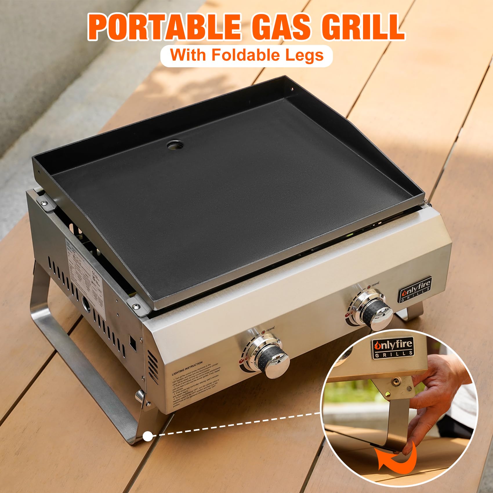 onlyfire Plancha à Gaz de Table en INOX, Barbecue Gaz avec 2 Brûleurs 4.7kW, Plancha 46x36cm avec Revêtement en Céramique Antiadhésif, Pieds Pliables pour Terrasse, Balcon et Camping