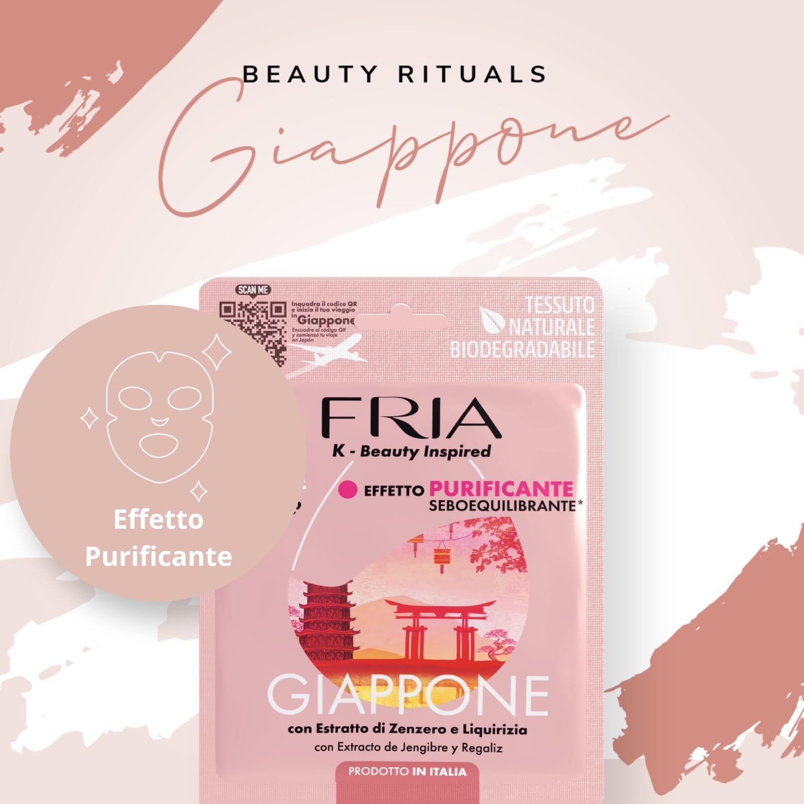 Fria K-Beauty Maschera Viso Giappone con estratto di Zenzero, Cannella e Pimpinella, Effetto Purificante e Sebo Equilibrante sulla Pelle, Dermatologicamente Testata, Confezione da 1 Maschera