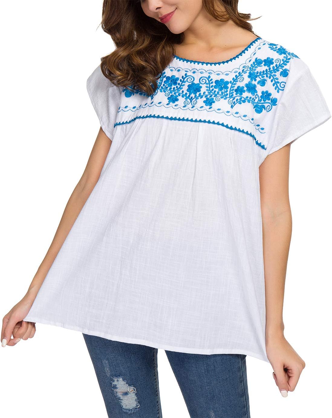 YZXDORWJ Women's Embroidered Mexican Peasant Blouse Mexico Summer Shirt Short Sleeve