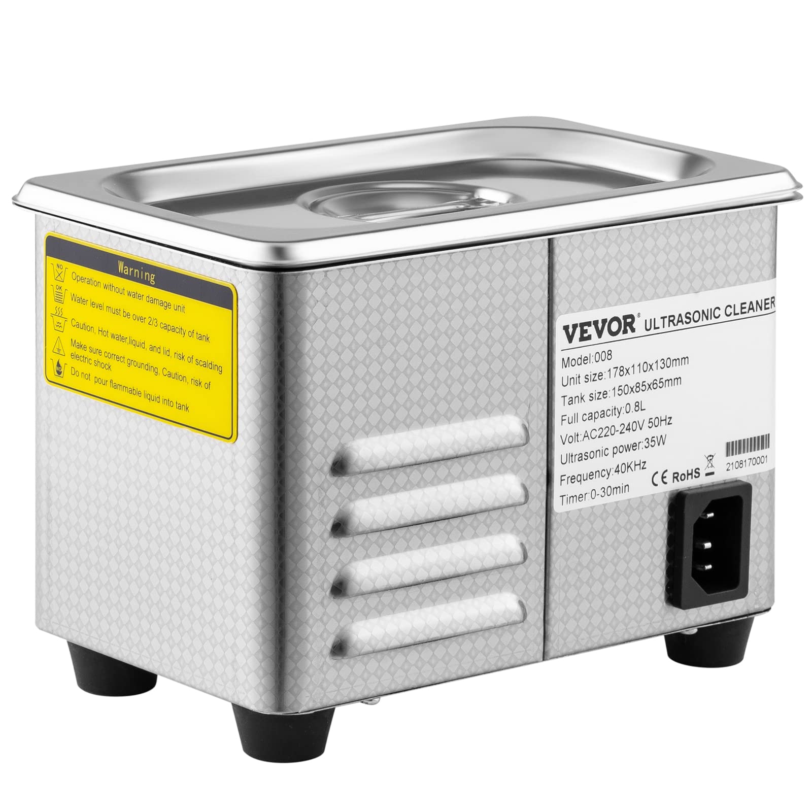 VEVOR Pulitore a ultrasuoni 800ml, 35W Pulitore ultrasonico professionale in acciaio inossidabile, potente macchina di pulizia ad ultrasuoni a frequenza di 40 kHz con display LED per gioielli, orologi