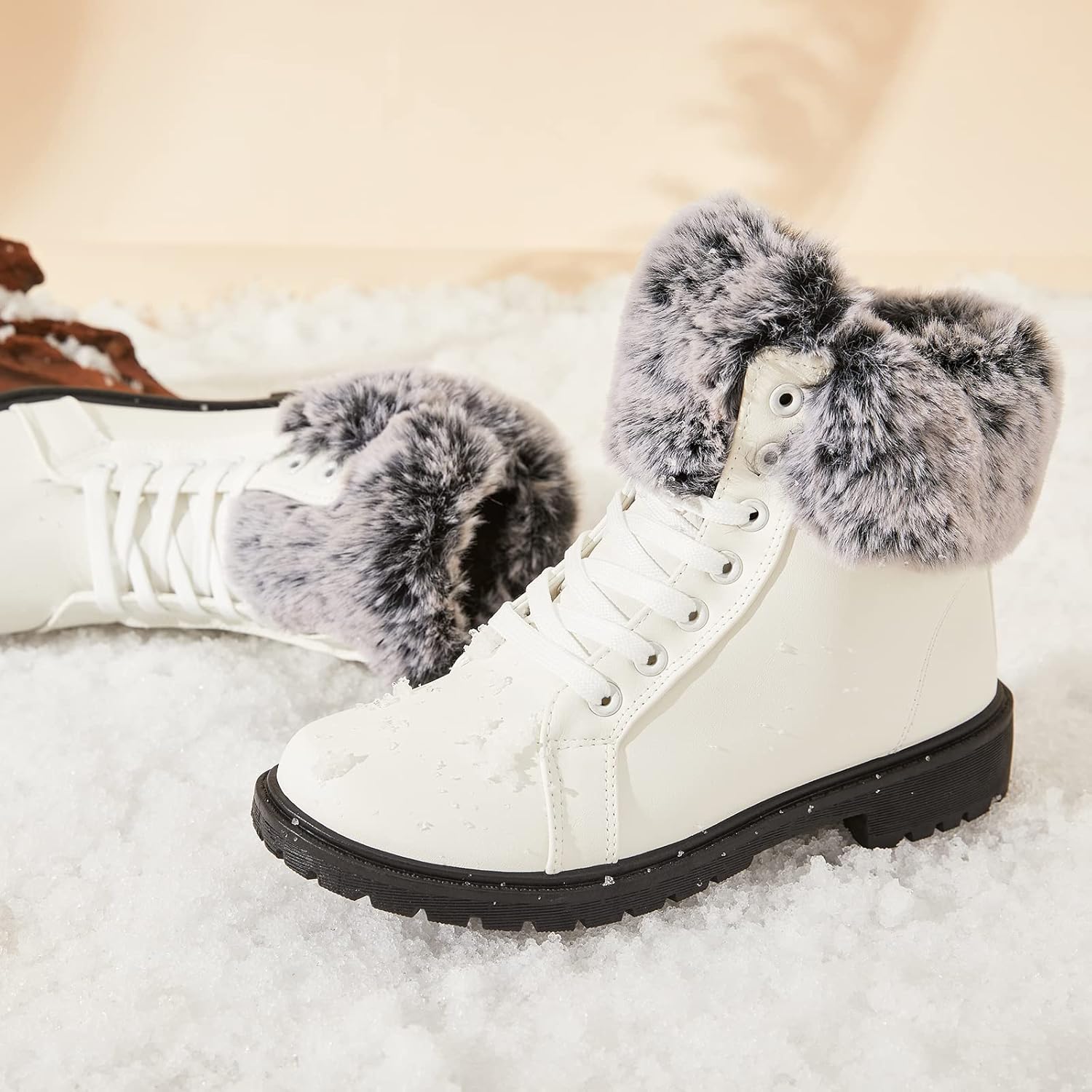 yegeyan Womens Snow Boots PU Winter Ankle Booties Fur Lined Anti-Slip Combat Boots - Image 6