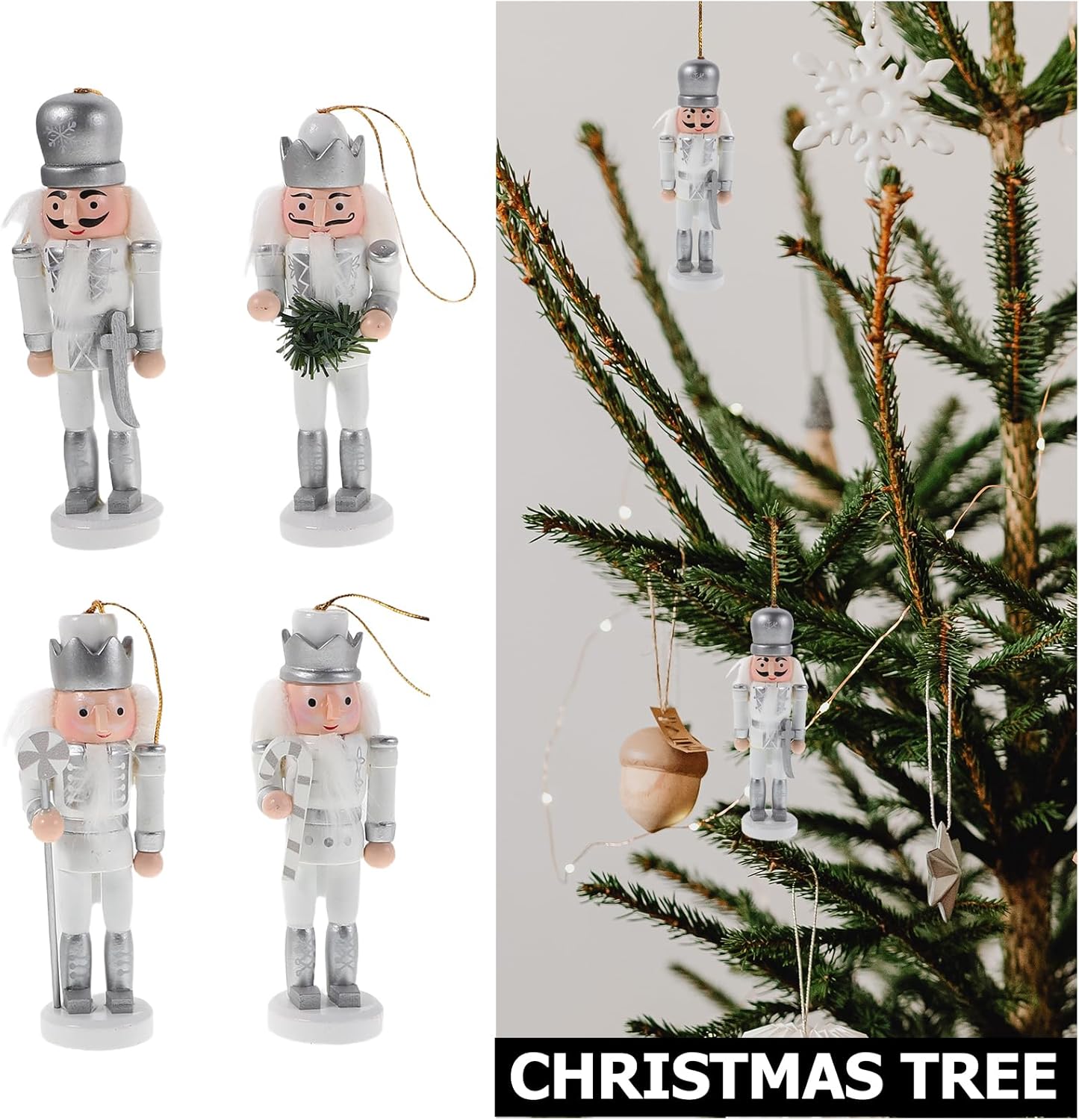 LOGOFUN 2Sets Miniature Nutcracker Ornaments Set Small Wooden Soldier Figurines for Christmas Tree Door and Festive Holiday Crafts - Silver