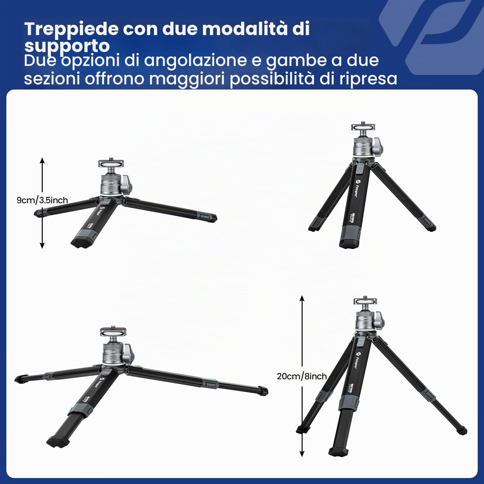Fotopro Mini treppiede per fotocamera con testa a sfera Cloum centrale in fibra di carbonio a 2 sezioni Treppiede da tavolo estensibile per Nikon Sony iPhone Altezza massima 90 CM, carico fino a 3 kg
