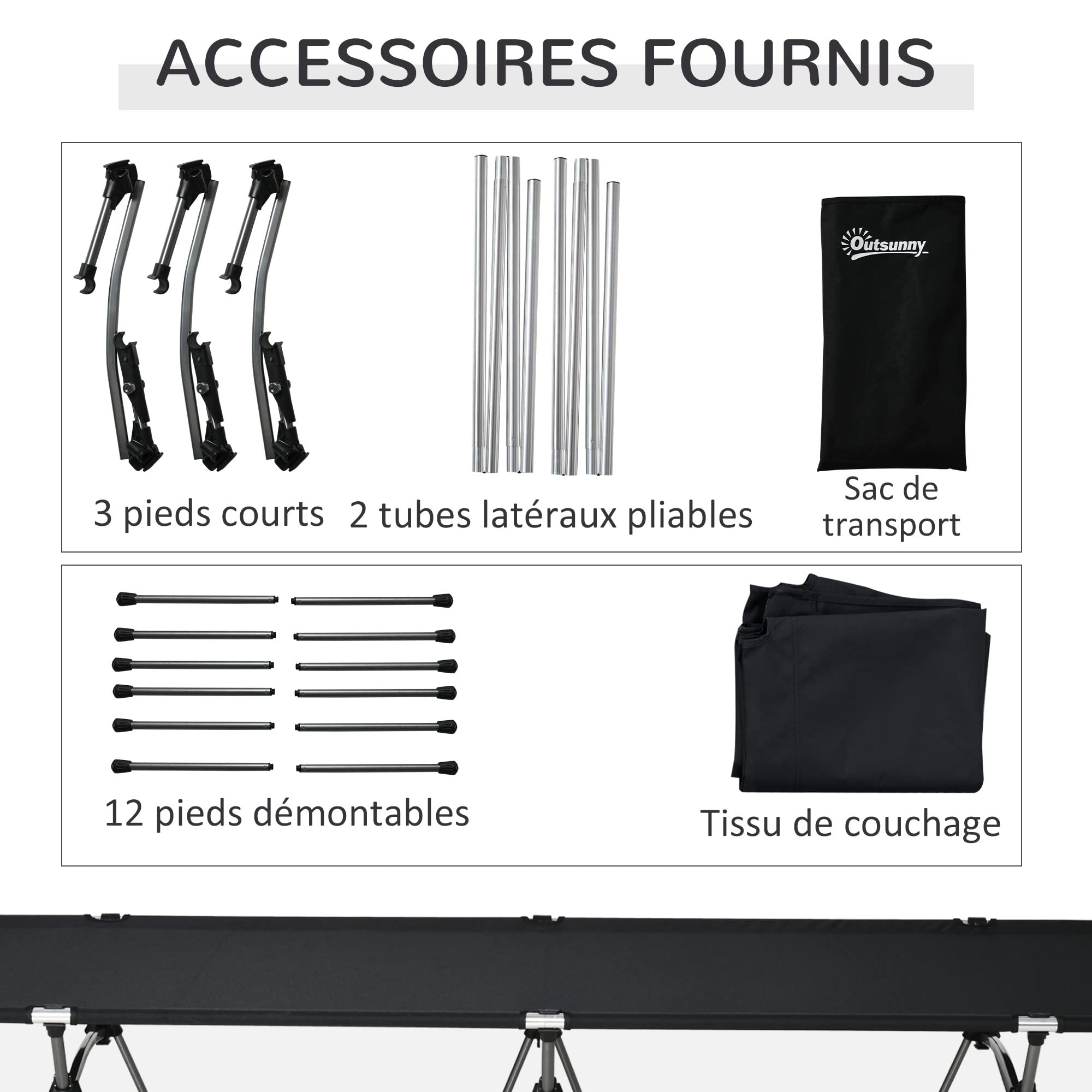 Outsunny Lit de Camp Pliable Portable lit d'appoint avec Sac de Transport Hauteur réglable châssis démontables Structure Aluminium léger Stable Tissu Oxford 600D 190 x 65 x 38 cm Noir