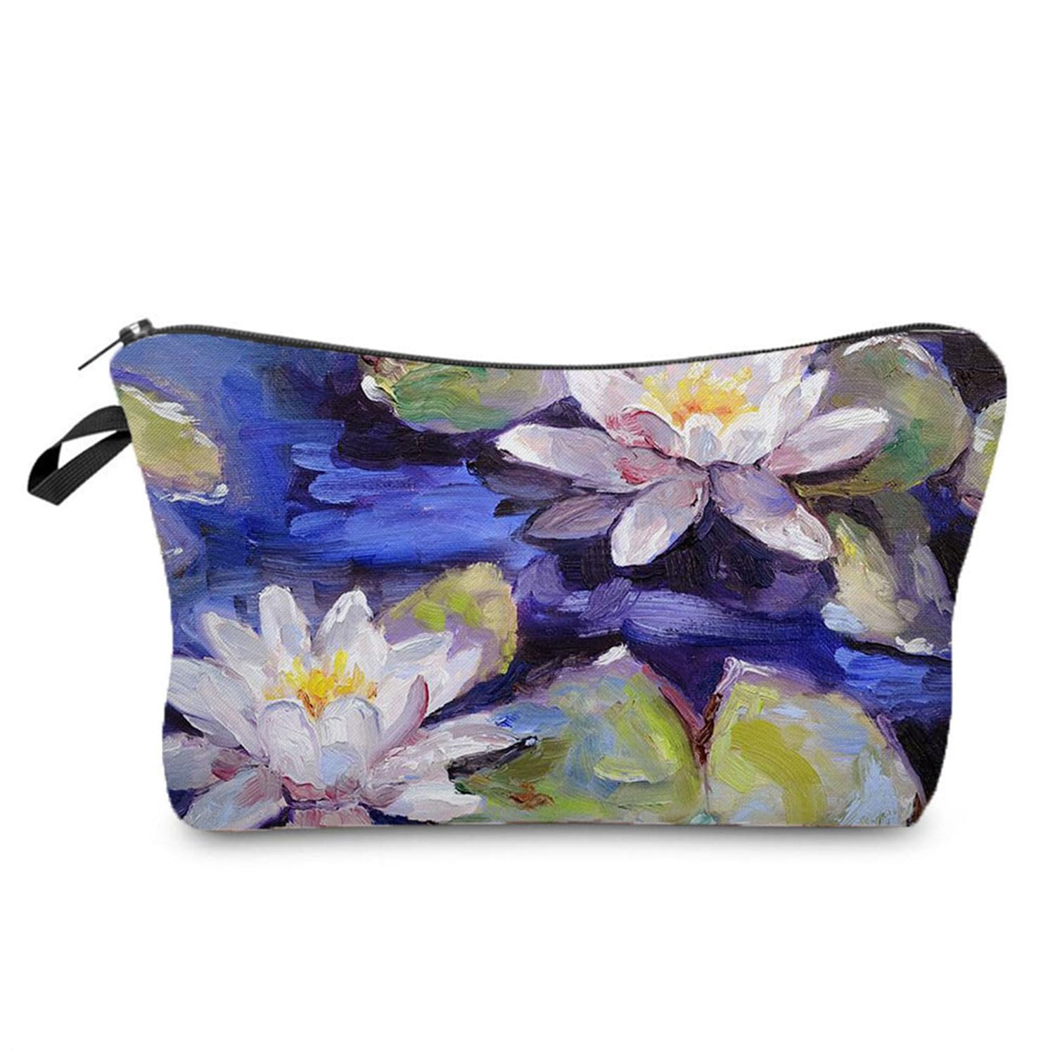 Livel lhood Floral Vintage Makeup Bag Cute Small Makeup Organizer Bag Travel Toiletry Zipper Pouch Oil Painting Monet Water Lily Cosmetic Bag Gift for