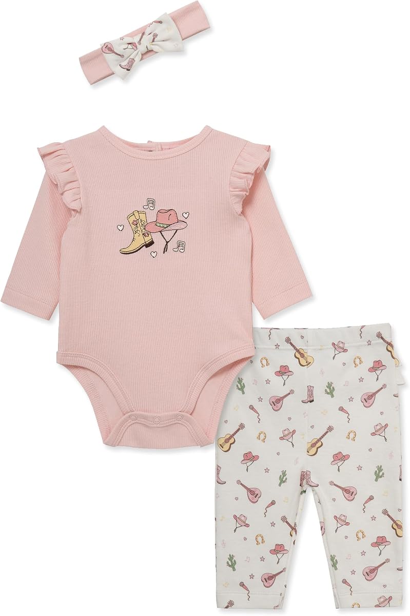 Little Me Baby Girls' 3-Pc 100% Cotton, Bodysuit, Matching Headband and Pant Set