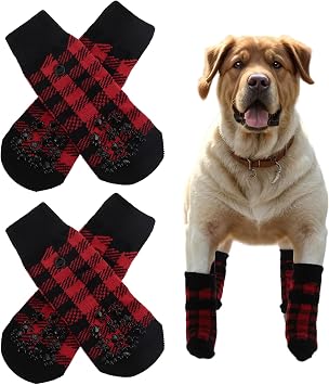 4 Pcs Non-Slip Dog Socks with Adjustable Sticky Tapes, Pet Socks for Dogs, Dog Paw Protection for Hardwood Floors, Red, L