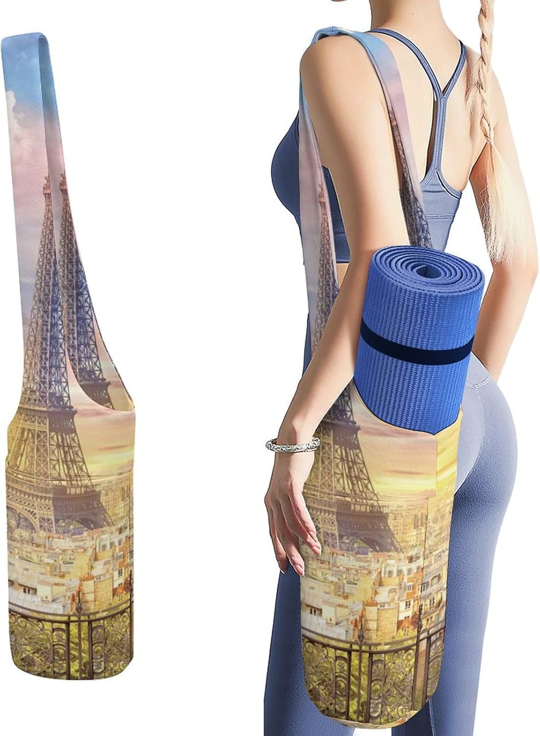 Paris Eiffel Tower Art Lightweight Yoga Mat Bag with Pockets Portable Canvas Carrying Shoulder Bags for Women Men