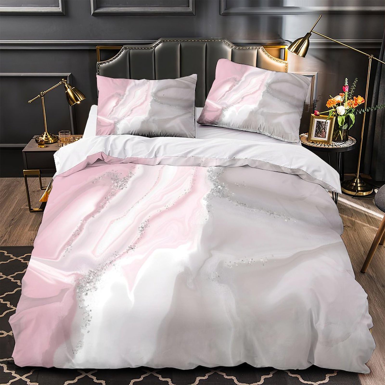 OJBKOBACC Pink And Grey Marble Elegant 3D Printed Bedding Set,Microfiber Quilt Covers, Sophisticated Teen Girl Bedding With Zipper Closure Pillowcases King（220x240cm）