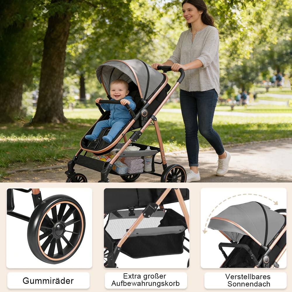OHMG Poussette 3 en 1 avec Nacelle, Poussette de Voyage's Nacelle est Pliable, Trio Poignée est Réglable, les Roues sont en Matériau PU, pour Enfant de la Naissance à 3 Ans (Gris)