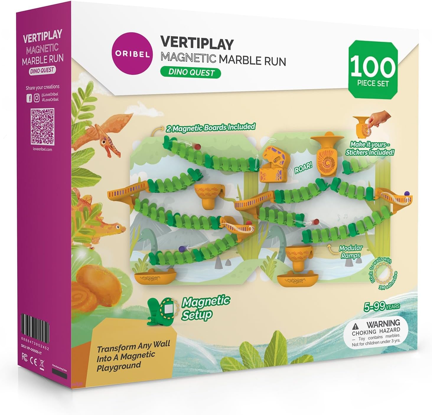 Oribel VertiPlay Magnetic Marble Run | 100 pcs STEM Toy, Dino Quest Edition | 2 Magnetic Play Boards | Wall Toy for Kids Age 5+ | Magnetic Track-Building Set | Dinosaur-Themed Stick-On Playboard