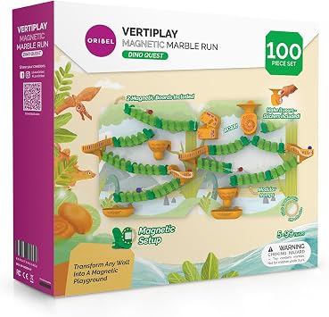 Oribel VertiPlay Magnetic Marble Run | 100 pcs STEM Toy, Dino Quest Edition | 2 Magnetic Play Boards | Wall Toy for Kids Age 5+ | Magnetic Track-Building Set | Dinosaur-Themed Stick-On Playboard