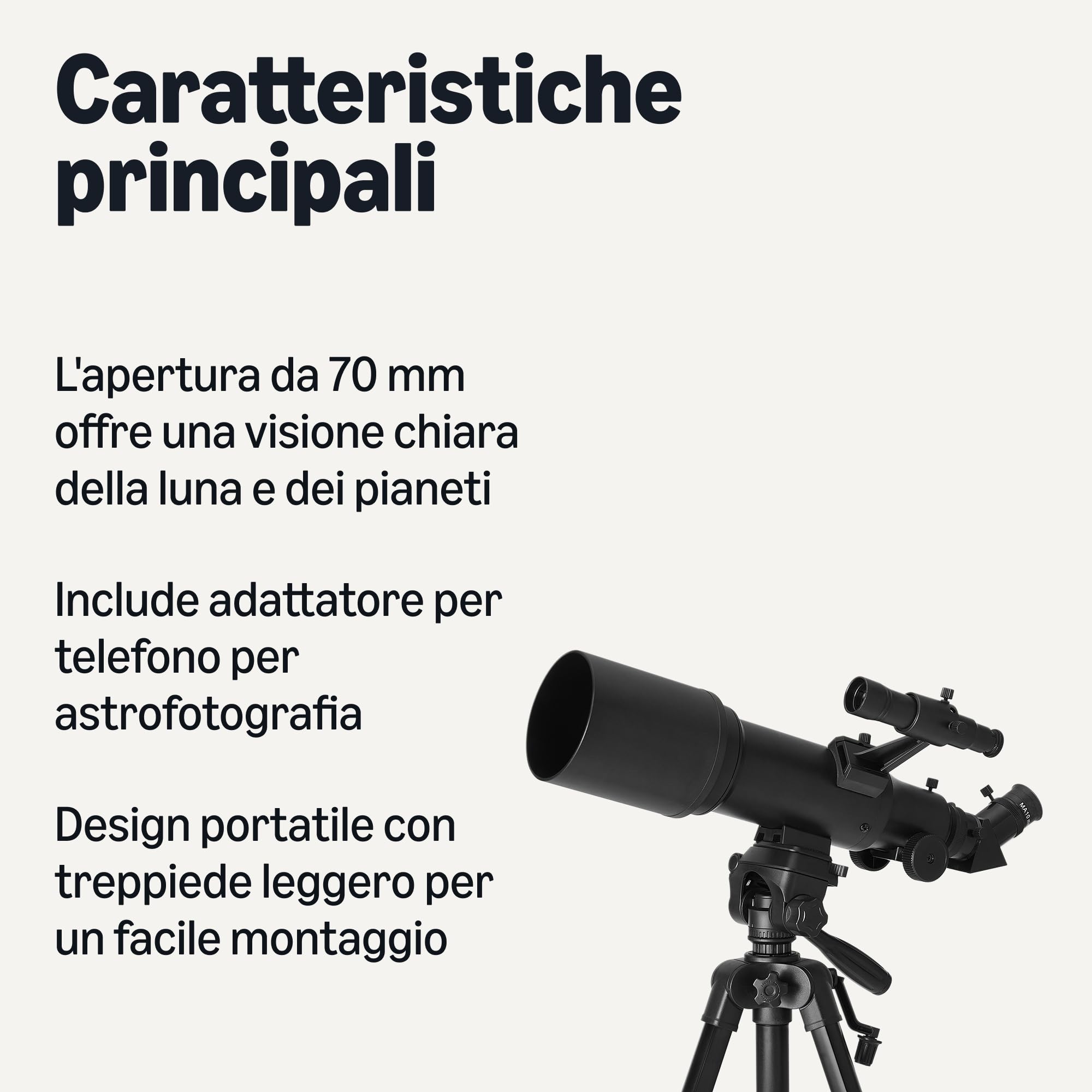 Amazon Basics Telescopio, Apertura 70 mm, Montatura Altazimutale da 400 mm, Portatile con Treppiede, Supporto per Telefono, Borsa, Nero