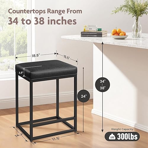 Miniatura 3 de ALPHA HOME Taburetes de bar de metal negro con asiento acolchado, 24 pulgadas de alto x 14.76 pulgadas de largo x 17.51 pulgadas de ancho, capacidad