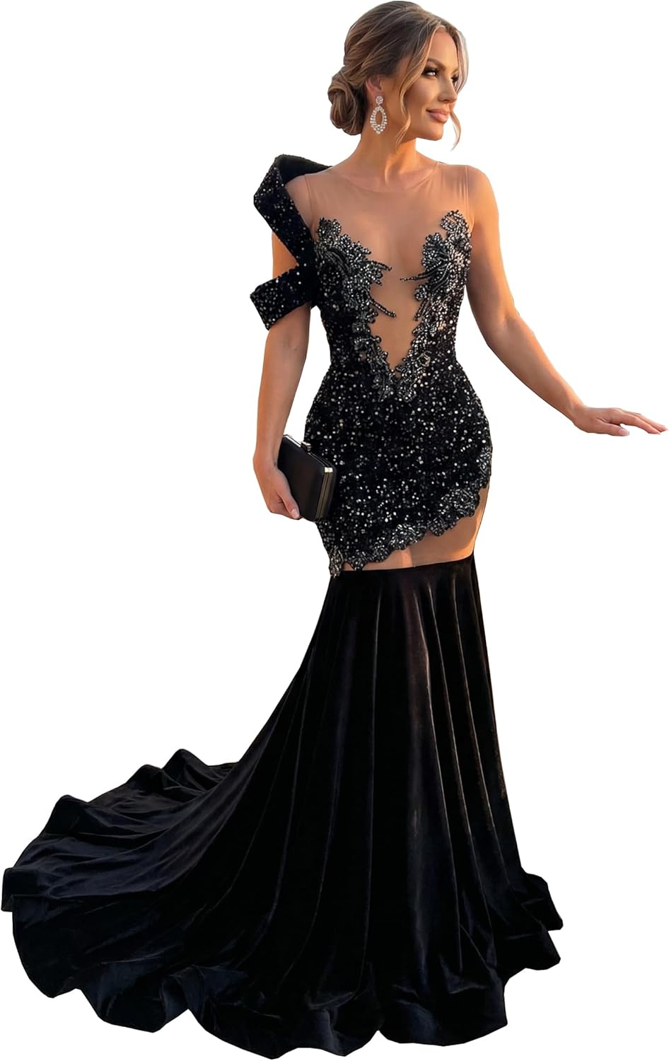 Datangep Black Velvet Sequined Mermaid Evening Dress Crystal Applique Prom Dresses Celebrity Gowns