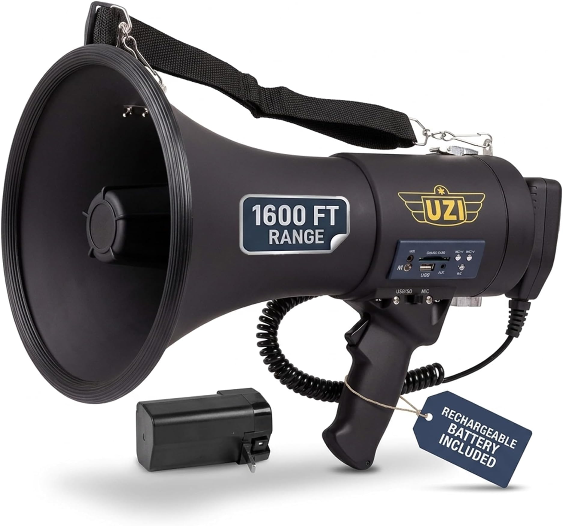 Uzi High Power Loud Big Bluetooth Megaphone 50W, Professional Bullhorn Megaphone Used by First Responders, Police & Agencies, Rechargeable Battery, PA System, Outdoor Activitie